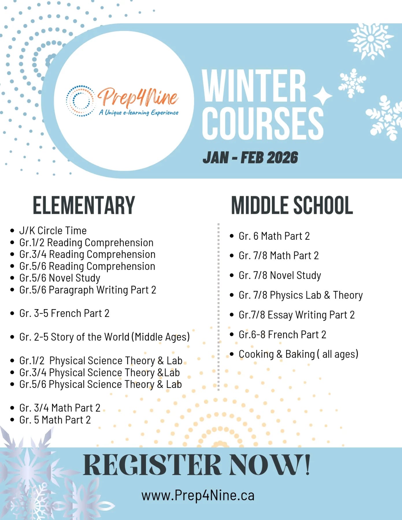 ❄️It's the most wonderful time of the year❄️
Prep4Nine's winter semester registration is only a month away. Registration opens Monday December 1st,2025 and classes start in January.
Let us take some of the load of you!
We offer:
- Math Grades 3-8
- Language Arts Grades 1-8
- Science Grade 1-8
- Story of the World
- French Grades 3-8
- Life Skills: Cooking and Baking (all ages)
We have classes for homeschoolers as well as after school classes.
Can't commit to online live classes?? Do not worry we have recordings available for a cheaper cost that you can do on your own schedule!
Our goal is to help everyone we can with their academic journey!
Feel free to reach out with any questions you may have.
info@prep4nine.ca
Happy Learning!
#onlineclasses #elementaryschool #virtuallearning #Homeschool #asynchronouslearning