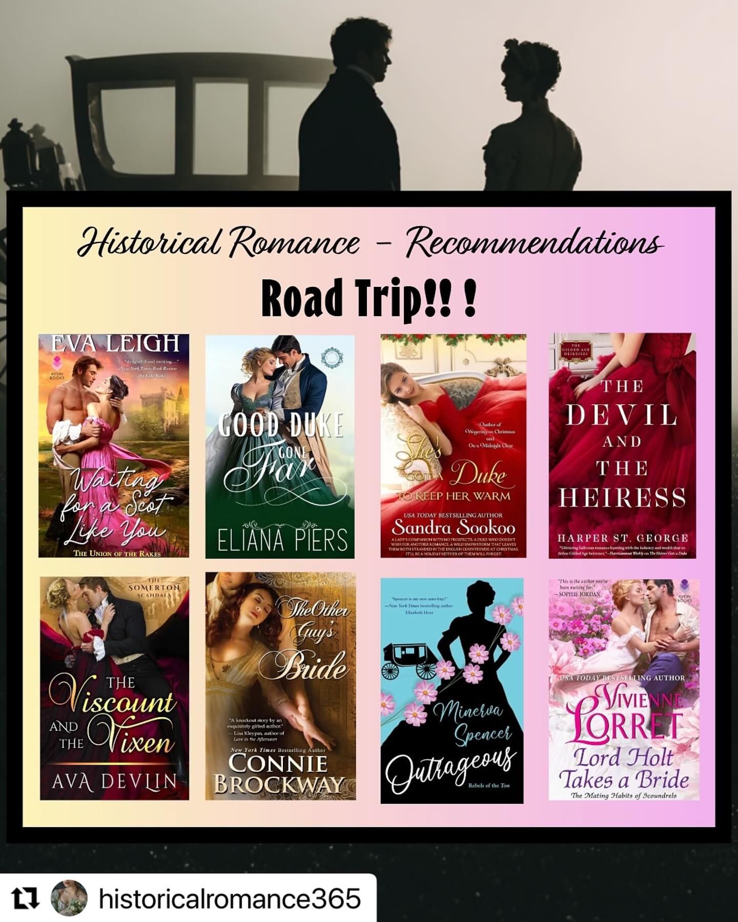 #Repost @historicalromance365
・・・
Stuck in a cold, bumpy carriage? No, thanks… Oh with a duke…. Go on then!!!
😍 Catch those vibes in these Histrom recommendations
#roadtripromance #roadtripbook #histrom #regencyromance #romancelandia #romancestagram #historicalromancenovel #romancerecommendations