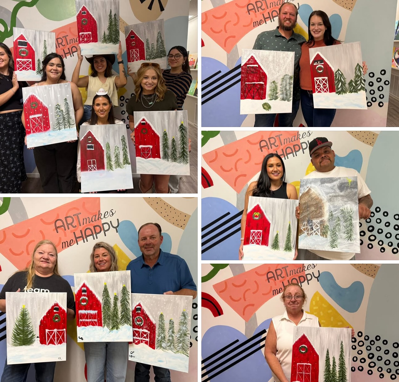 Beautiful Christmas Barns from Saturday’s Paint & Sip!
