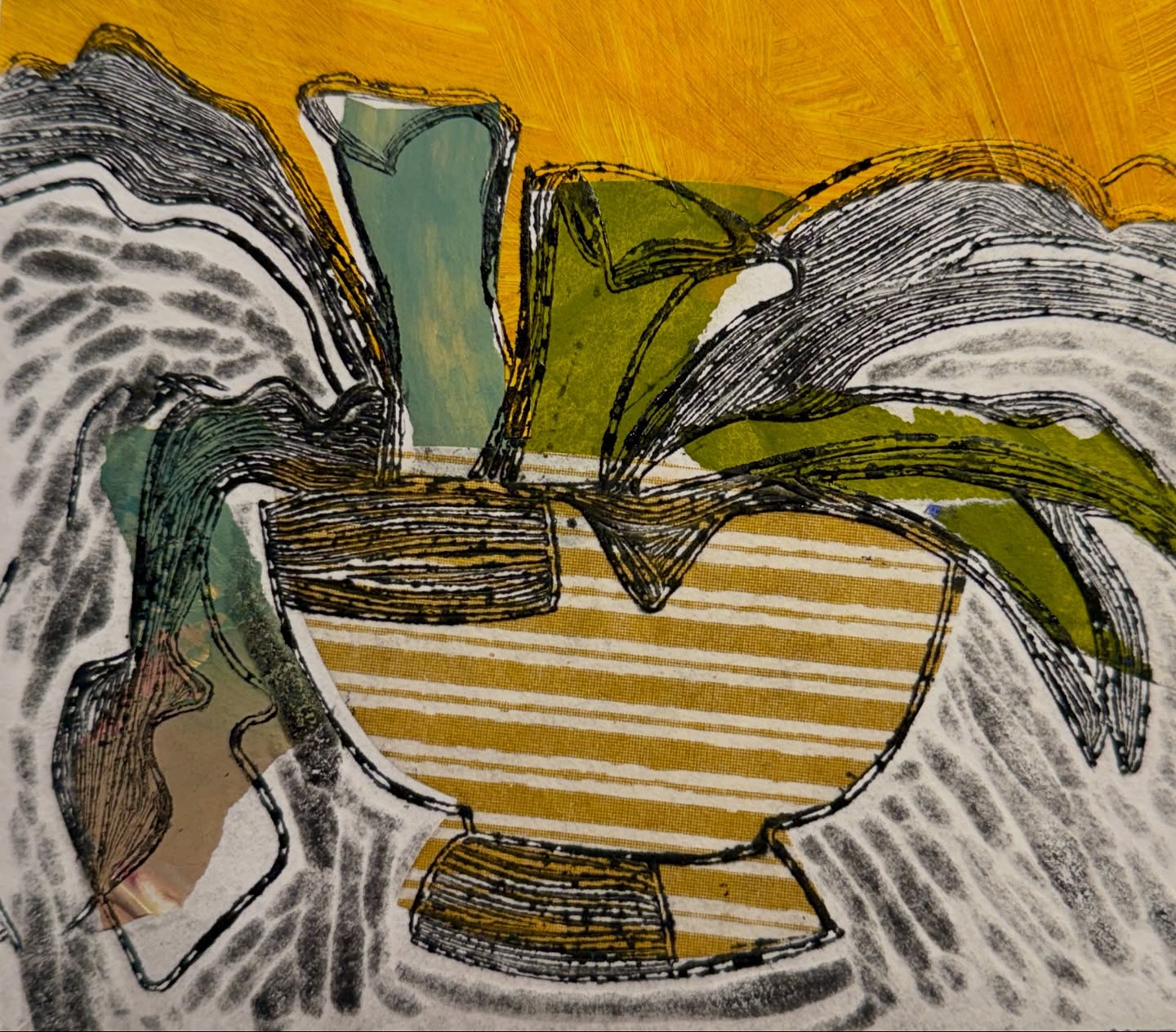 Cachepot, variable edition of 5 intaglio lino prints with chine colle. Available from tomorrow @southbankprintmakers. I’ll be there from midday so come and say hello if you’re on the Southbank at @re_printmakers International Original Print Exhibition or @tate #printmaking #intagliolino #chinecollé #limitededition #buyart #southbanklondon #riverthames #inreallife #maureennathan #comesayhello #gabrielswharf #starttheweek