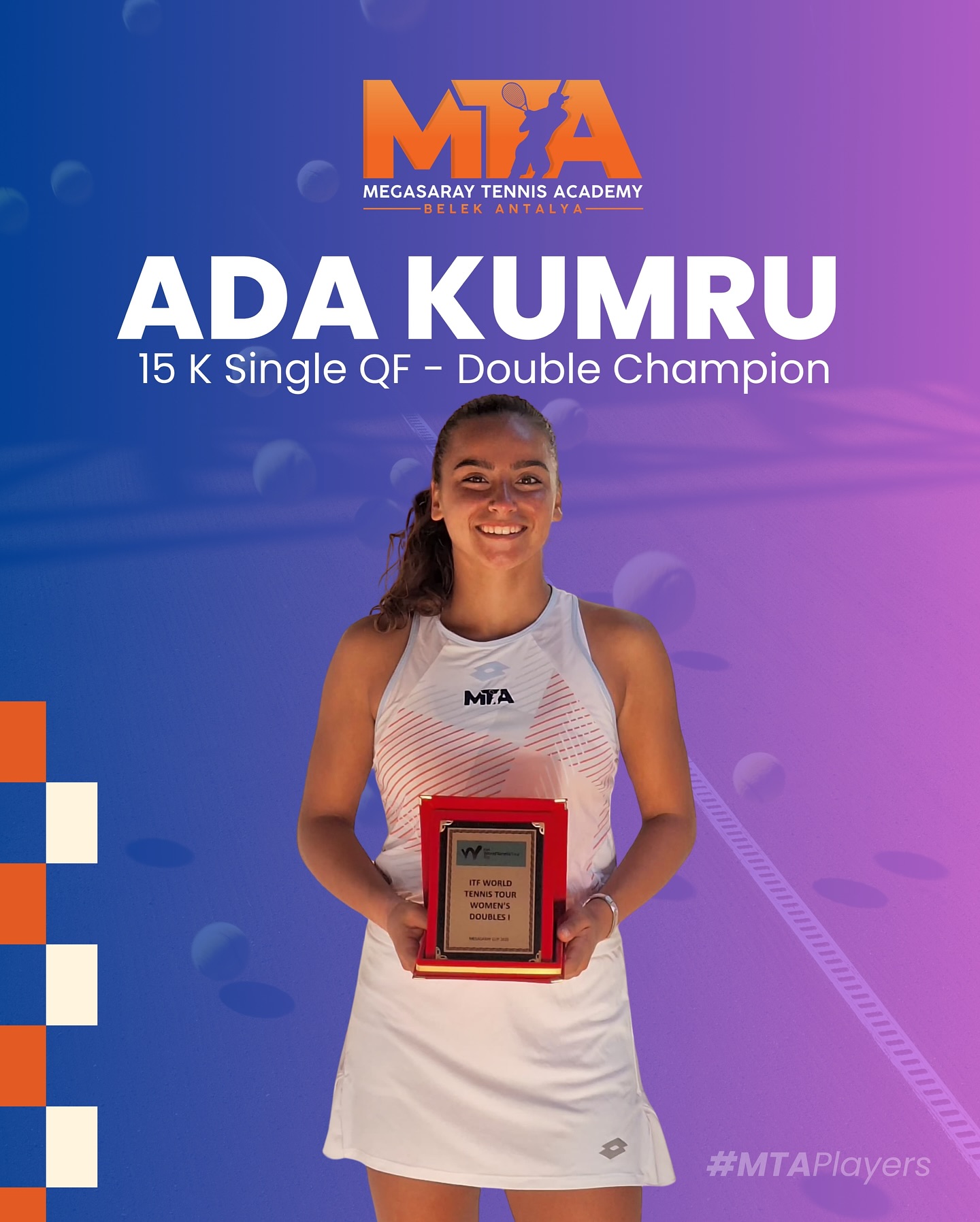 15 K Tekler Çeyrek Finalist ve Çiftler Şampiyonu olan sporcumuz Ada Kumru’yu tebrik ediyoruz!?⚡️
Congratulations to our player Ada Kumru, who became the 15K Singles QF and Double Champion!?⚡️
#MTA #MTAMegasarayTennisAcademy #AdaKumru #MTAPlayers
