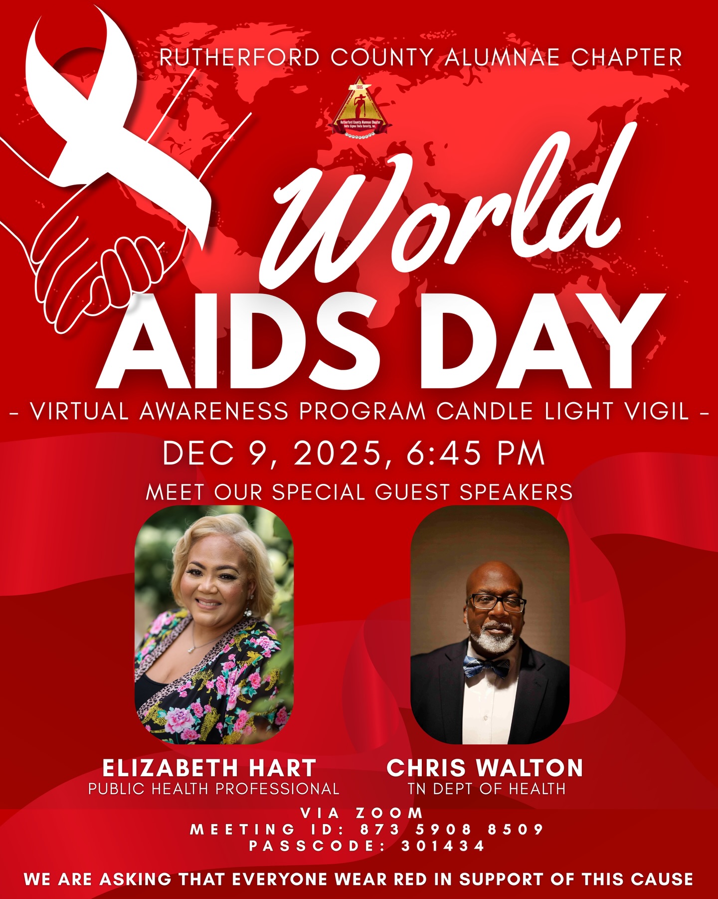 Join us for #WorldAIDSDay! 🌟
Rutherford County Alumnae Chapter of Delta Sigma Theta Sorority, Incorporated invites you to our virtual event: A Candle Vigil & Reflection
🕯️ Bring your pen lights and candles as we come together to honor those affected by this disease
Wear RED to show your support and join us on Zoom #rcacdeltas #worldaidsday