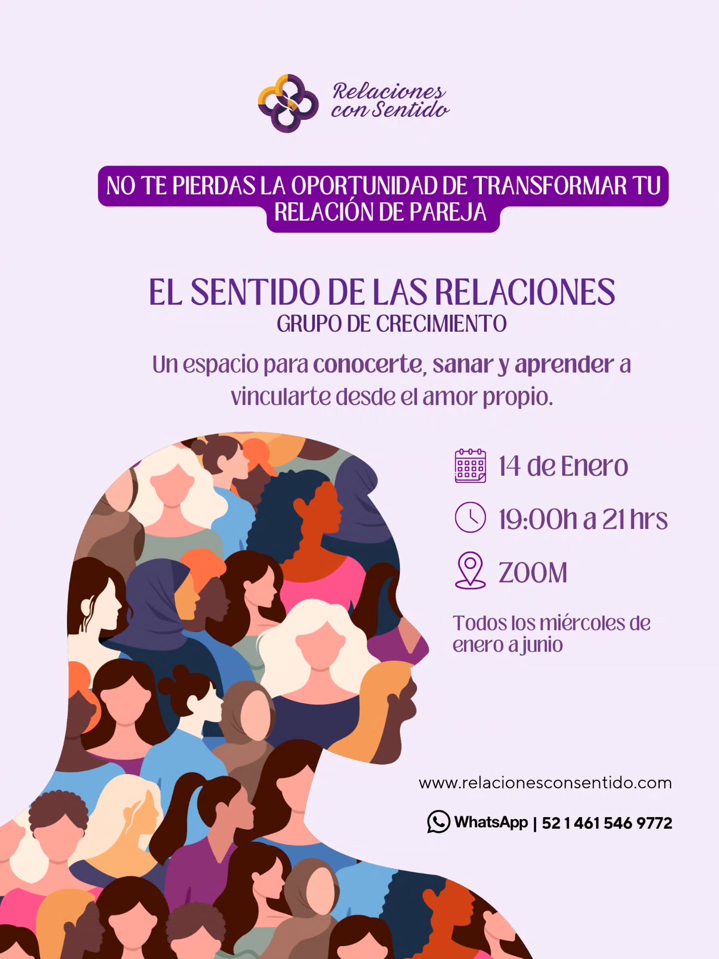 Hay relaciones que nos duelen…
y otras que nos despiertan. 💜
Este 2026, date el regalo de sanar tu manera de amar.
Descubre un espacio donde podrás mirarte con compasión, soltar viejas heridas y aprender a vincularte desde el amor propio. 🌿
💫 El Sentido de las Relaciones no es solo un grupo, es un camino para reconectar contigo y transformar tu relación de pareja desde dentro.
🗓️ Inicia: 14 de enero
🕖 Miércoles de 19:00 a 21:00 h
💻 Por Zoom
📍De enero a junio
A veces, sanar el amor comienza con una sola decisión: la de volver a ti. 💜
🔗 www.relacionesconsentido.com
📲 WhatsApp: +52 1 461 546 9772
#RelacionesConSentido #AmorPropio #SanarEsAmar #RelacionesSanas #CrecimientoPersonal #TerapiaEnLinea