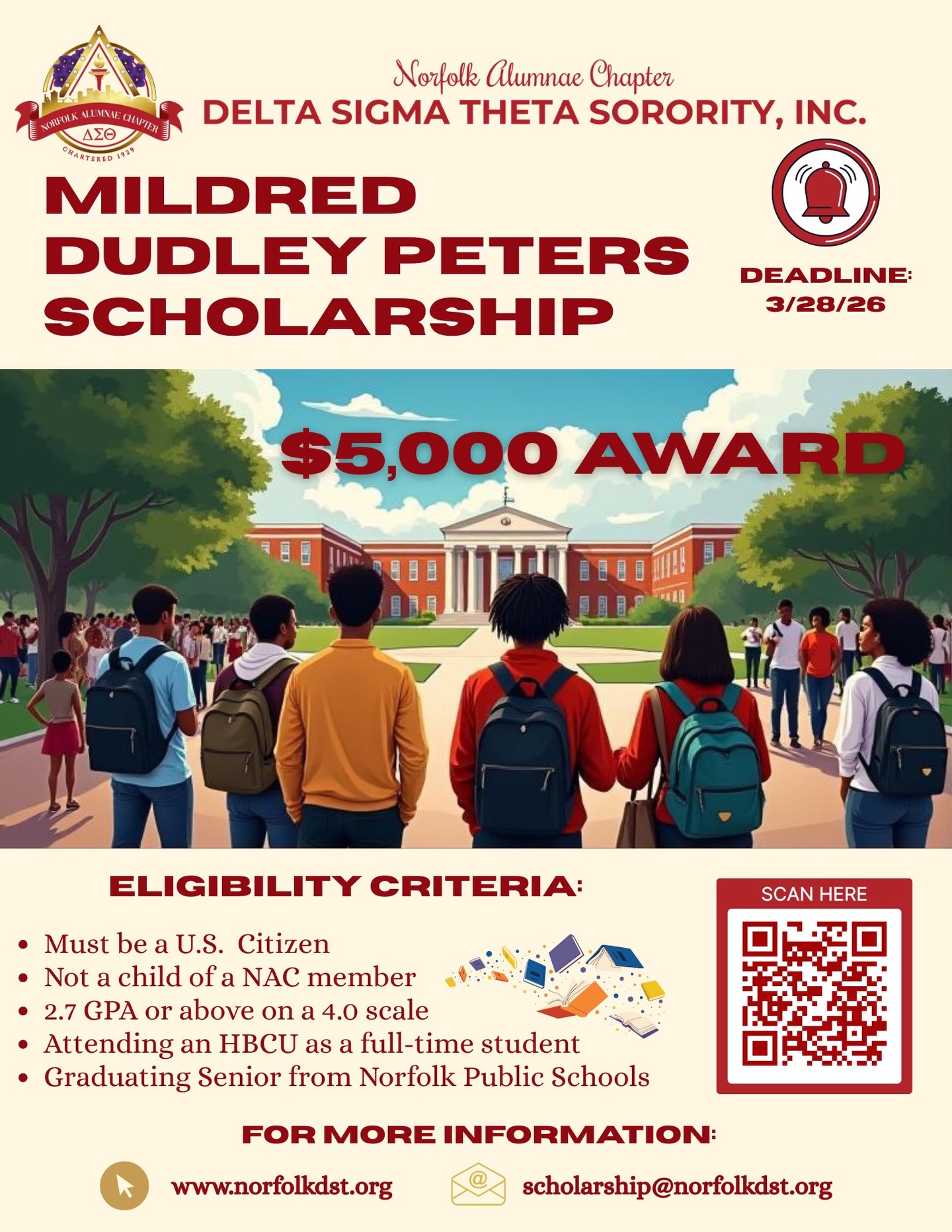 Education is Key!
The Norfolk Alumnae Chapter of Delta Sigma Theta Sorority, Inc. is proud to offer the Mildred Dudley Peters Scholarship. This $5,000 award aims to help five Norfolk Public School graduating seniors with the goal of becoming an HBCU student.
Please submit your application by March 28, 2026 via our QR code.
Let us assist in funding your dreams and invest in your future TODAY!
#NACDST1929 #Scholarship #HBCU #Service