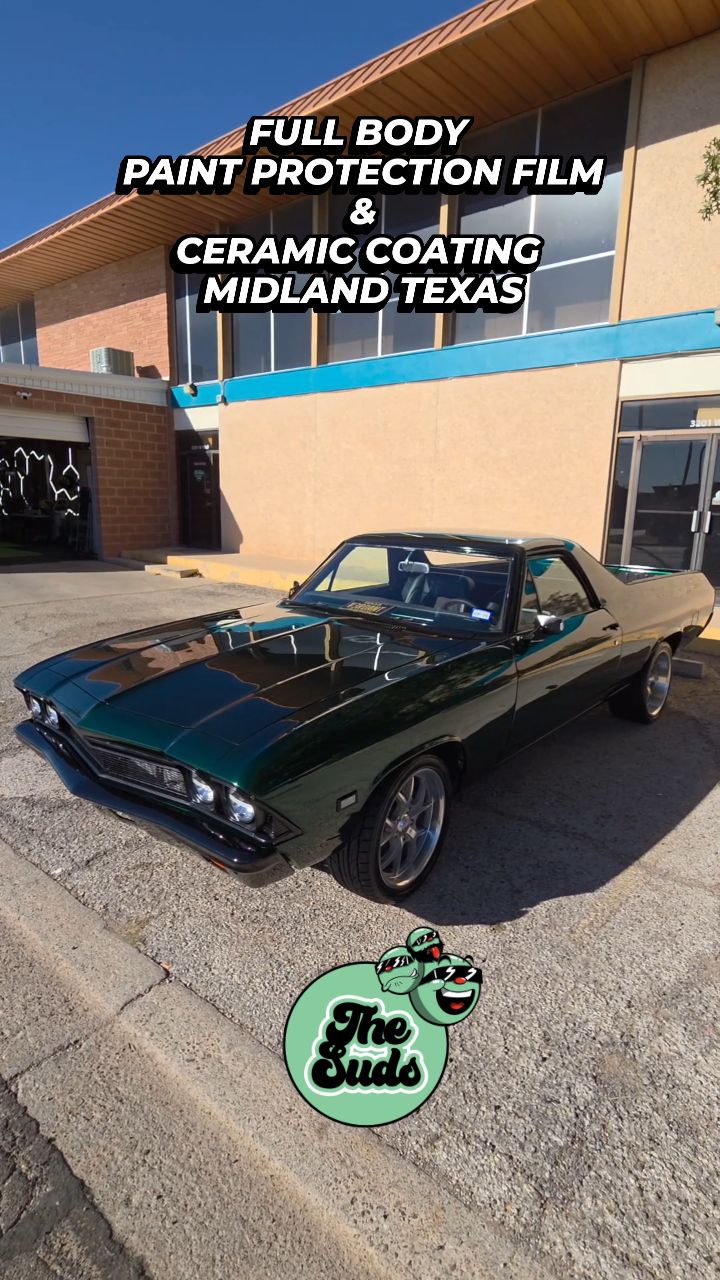 Full body hand cut PPF on this beautiful 1969 El Camino 🤠
.
Not only did we disassemble all the hardware to give the doors a seamless look, we also took all trimmings off to try to hide as many edges as possible. 🛡️
.
Our client also opted to get this car Ceramic coated on top of his Ppf, wheels and all the glass for that final dripping wet look 💦
.
Need something done? Let us know! Hand cut or computer cut Ppf to mobile detailing services. 😎
.
Our services include but are not limited to,
Paint Protection film 🛡️
Paint Correction Services 💫
Ceramic Coatings 💎
Detailing 🫧
Maintenance Programs 📅
Training in any of our services except PPF 👨🏫
Give us a call, text us, DM us, we are always ready to meet new clients 🥳
.
Located in Midland Texas 🇺🇸
3201 W Wall Street 79701 🏜️