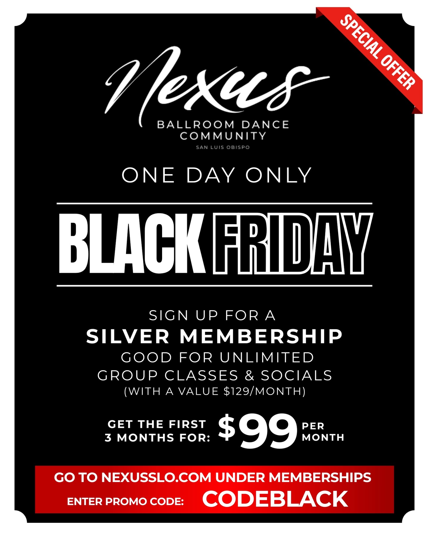 IT’SSSSS TIMEEEEEEEEEE! it’s that special time of year where everything goes on SALEEEE, we have a special offer for Black Friday JUST FOR YOUUUU!!! Get a silver membership for just $99 for the first 3 months! (Usually $129) this is a limited time offer so be ready for Black Friday and swoop in while you can! 💃🕺
#deals #blackfriday #nexusslo #dancewnexus #dancer #dancefitness #smallbizsaturday