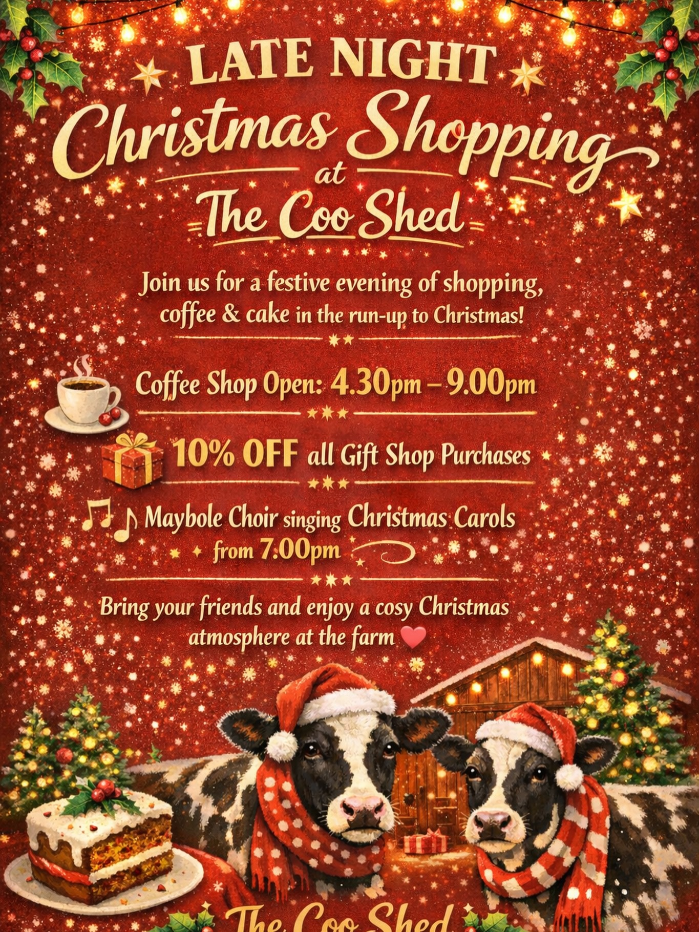 The last of our Christmas late night shopping nights is tomorrow night - Wednesday 17th December.
Come and join us and get into the Christmas spirit with your friends and family.
Our coffee shop will be open late for coffee and cake until 9pm. Our gift shop will be open until 9pm offering a 10% discount on any purchases made and we have the fabulous Maybole Choir coming to sing some Christmas Carols at 7pm!
Tag a friend and bring them along!
Look forward to seeing you all!
#thecooshed #latenightshopping #christmas #christmascarols #carolsinging #timeforfriendsandfamily #coffeeandcatchup #cake