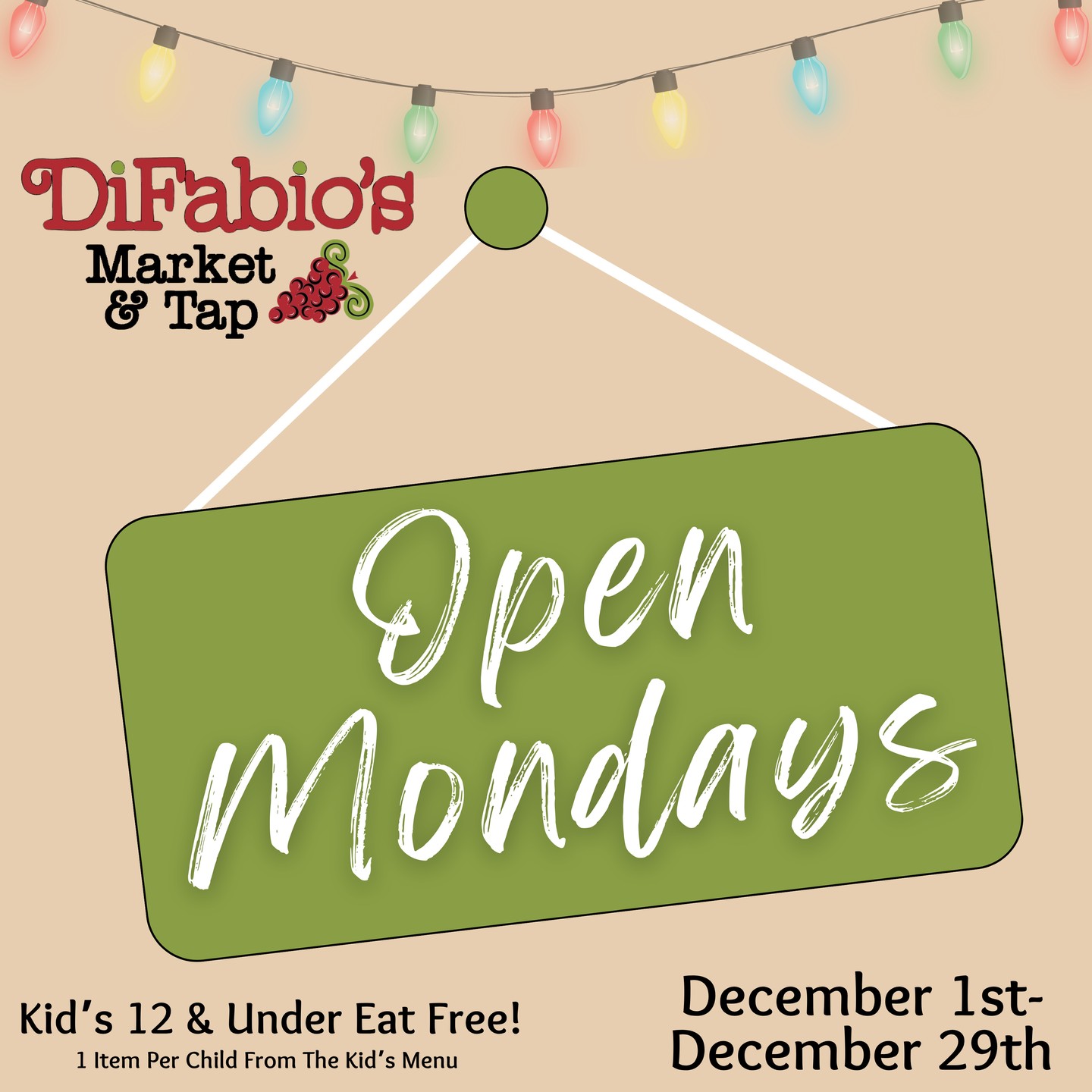 Starting December 1st, we are open on Mondays for the holiday season! ??
Kids 12 and under eat FREE (1 item per child off the kids' menu) ❤️
Come ring in the holiday season with us!