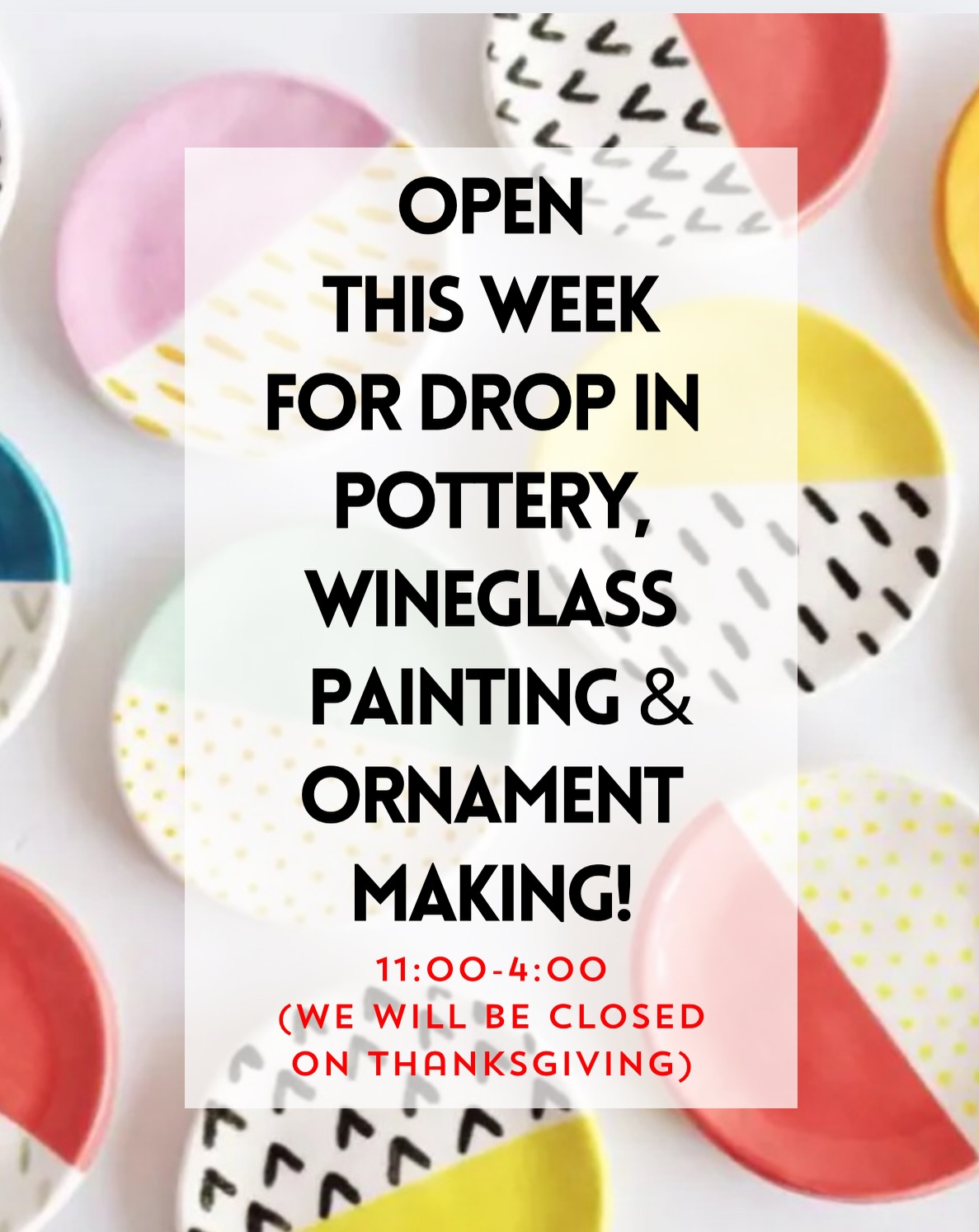 We're open this week and ready for creativity! Create a unique gift or add some new decor to your home. Plus, our Make and Take paper Mache Ornaments are waiting for your artistic touch - paint, decoupage or add some sparkle! Come visit us! Drop in, or make a table reservation in the link in our bio or here: https://occ.sn/hTF2bMJh. We will be in the House at 808. 🎨🎅🏻💛