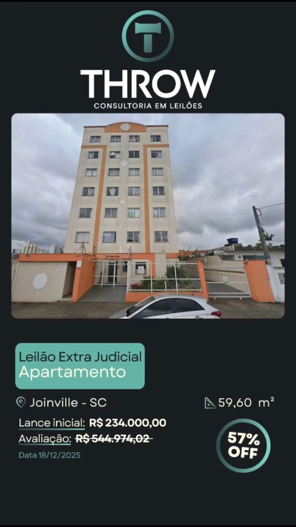 Oportunidade em Joinville para quem busca apartamento bem localizado e com valor competitivo.
São 59,60 m² de área privativa, 1 vaga, e possibilidade de arremate por 234.000 no segundo leilão, bem abaixo do valor praticado no mercado tradicional.
A Throw Leilões acompanha o processo com clareza e cuidado, ajudando você a analisar riscos, prazos e potenciais de retorno.
🔗Fale conosco pelo direct ou clique no link da bio e veja como arrematar imóveis em leilão com segurança, rentabilidade e o suporte completo da Throw Leilões.
#ImóvelEmLeilão #LeilãoOnline #InvestidorImobiliário #JoinvilleSC #ThrowLeilões Apartamento ResidencialAfonsoPenna