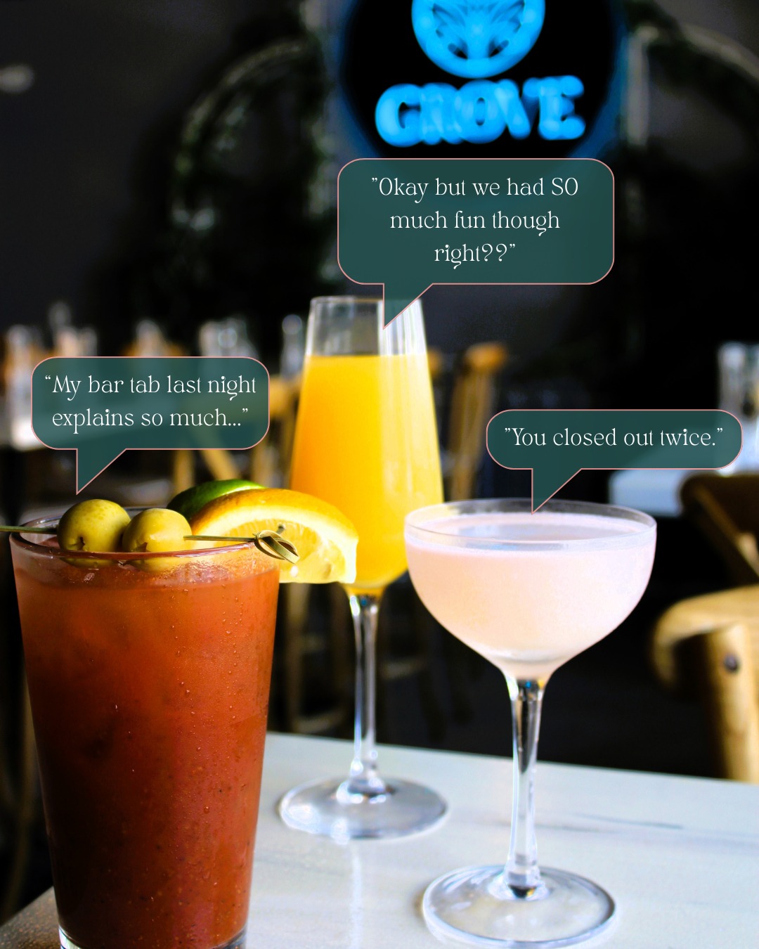 it's brunch & yap o'clock
.
.
#BrunchVibes #BottomlessBrunch #WeekendBrunch #cabinjohnvillage #thegrovebarandgrill #potomacmd #potomac #mimosas #bloodymarys #martini #gossipgirl #moco #montgomerycounty #ladiesofmoco #brunch