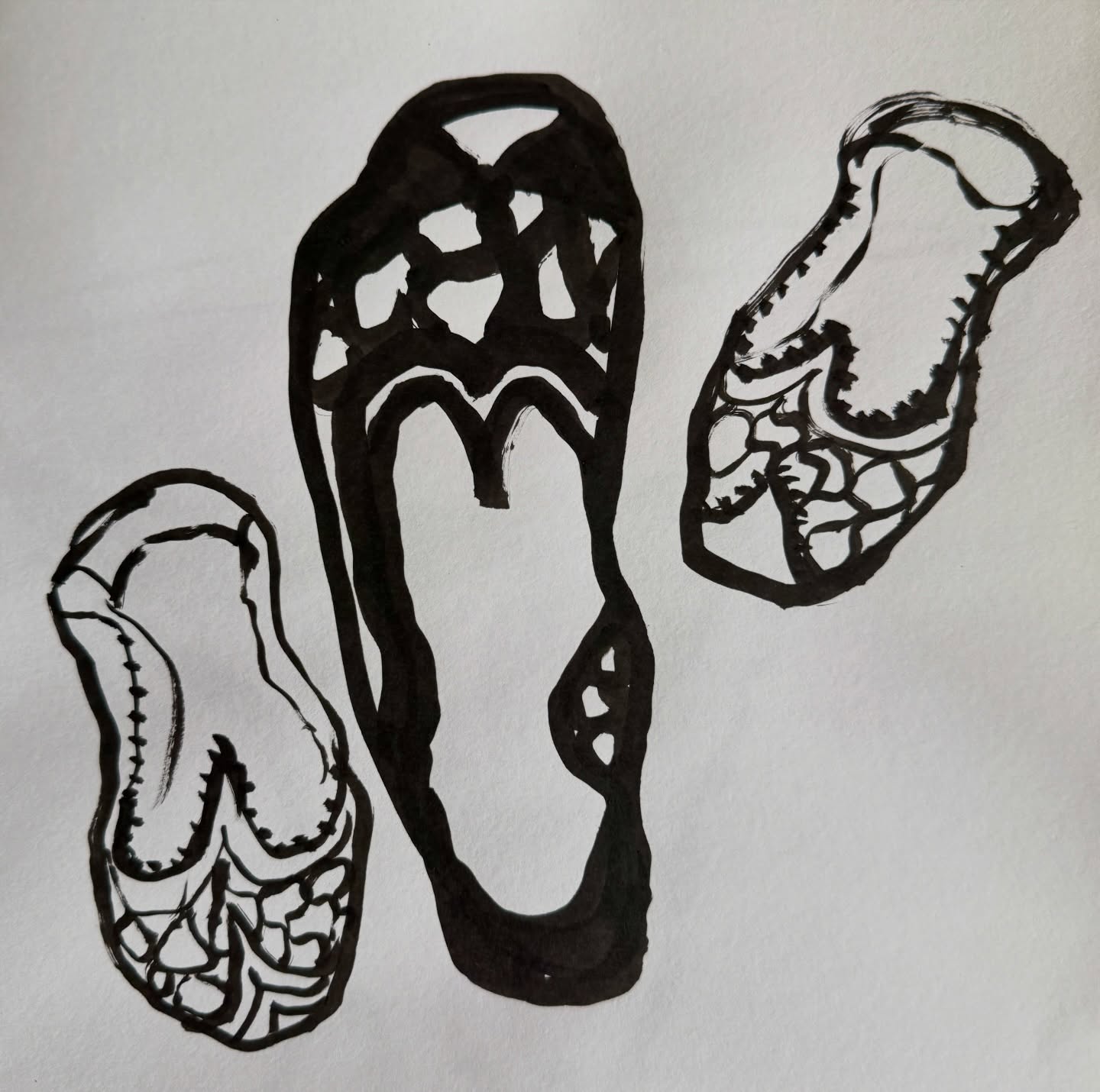 Slippers.
Why am I so attracted to slippers, containers for feet? Containment again, boundaries and binding of a sort.
“Virginia Woolf was staking out her boundaries…..while in her diary she strove to find a form which could mirror her need for containment, keeping her a little shut off and protected from the world. A safety in the feeling of fitting snugly into an allotted space” @harrietrjbaker in Rural Hours #inkdrawing #containment #onlythreehashtagsnow