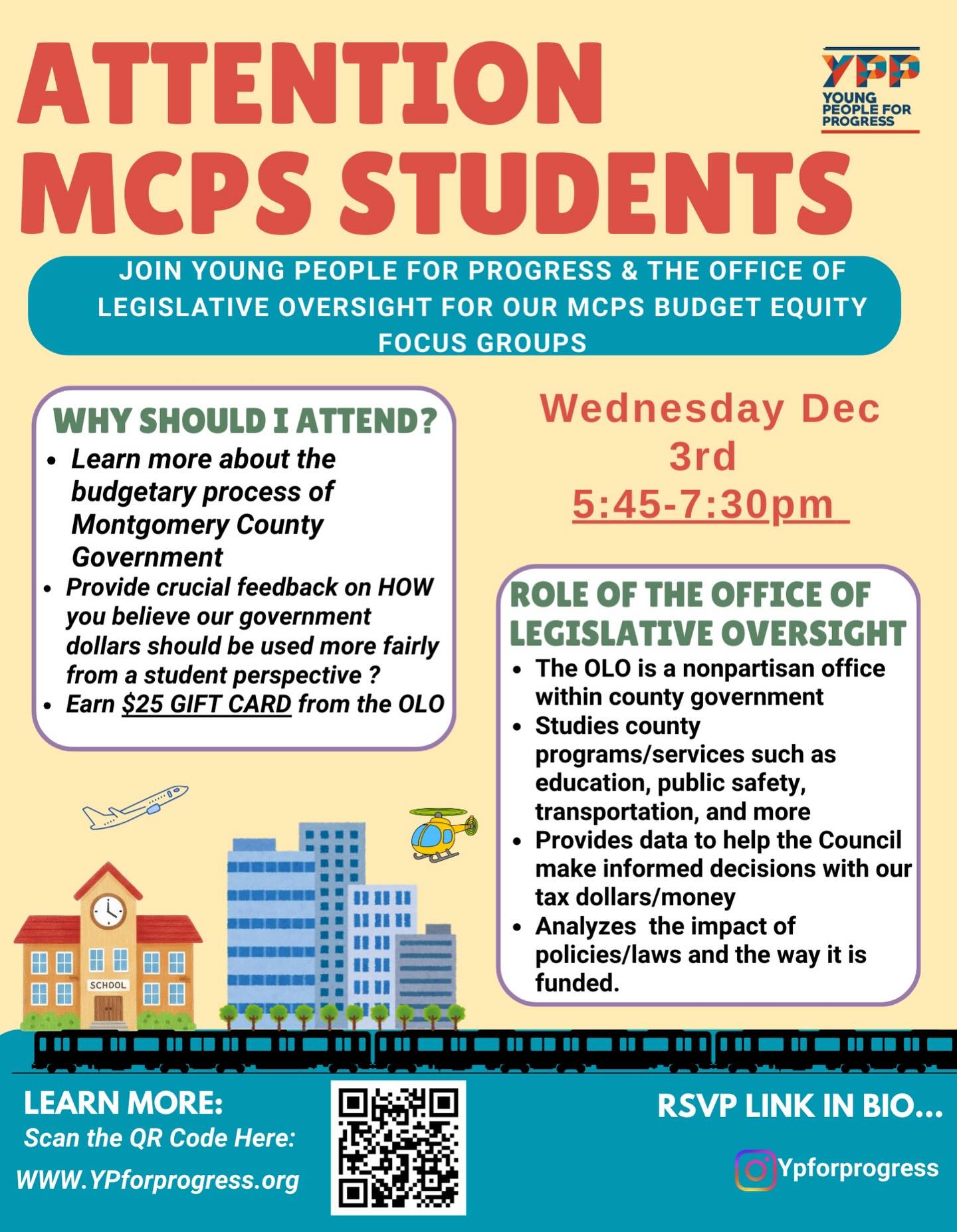 ATTENTION MCPS COMMUNITY ??? Join us alongside the Office of Legislative Oversight (OLO) in a Student Focus Group Wednesday, December 3rd at 6:00pm via zoom dedicated to identifying racial equity through the lens of our MCPS operating budget.
Seats are filling fast, sign up using the link in our bio. Once the focus group finishes, all participants will receive a $25 gift card ?
