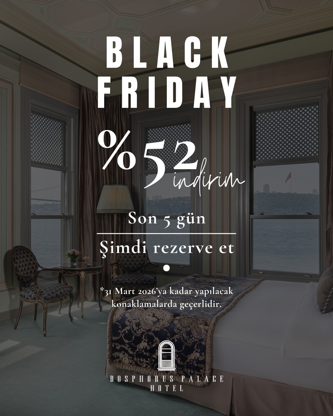 Black Friday fırsatlarında son 5 gün. ✨
5 Aralık tarihine kadar yapacağınız rezervasyonlarda yüzde 52 indirimden yararlanabilir ve 31 Mart 2026 tarihine kadar dilediğiniz zaman konaklayabilirsiniz.
Rezervasyon için web sitemizi ziyaret edin. ?
Only 5 days left for our Black Friday offers. ✨
Enjoy a 52 percent discount on bookings made until 5 December and stay anytime until 31 March 2026.
Visit our website to reserve your stay. ?
#BosphorusPalaceHotel #blackfriday #istanbulhotels #boutiquehotel #bosphorusviews #hoteloffers