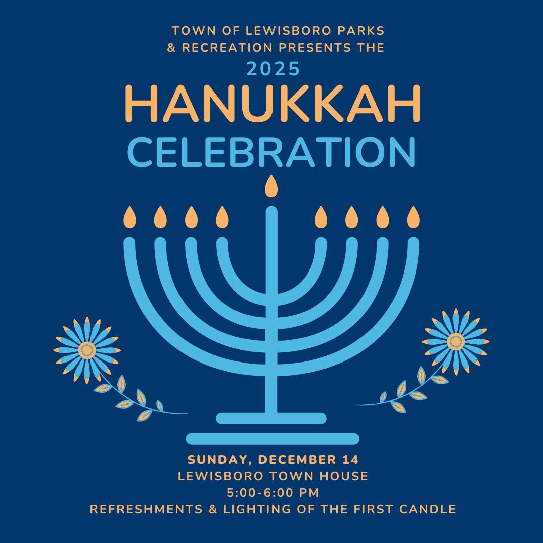 Join us in celebrating the first night of Hanukkah! We will gather at the Lewisboro Town House (11 Main Street, South Salem - please note the location change from Town Park) on Sunday, December 14th from 5-6pm. There will be refreshments and the lighting of the first candle.