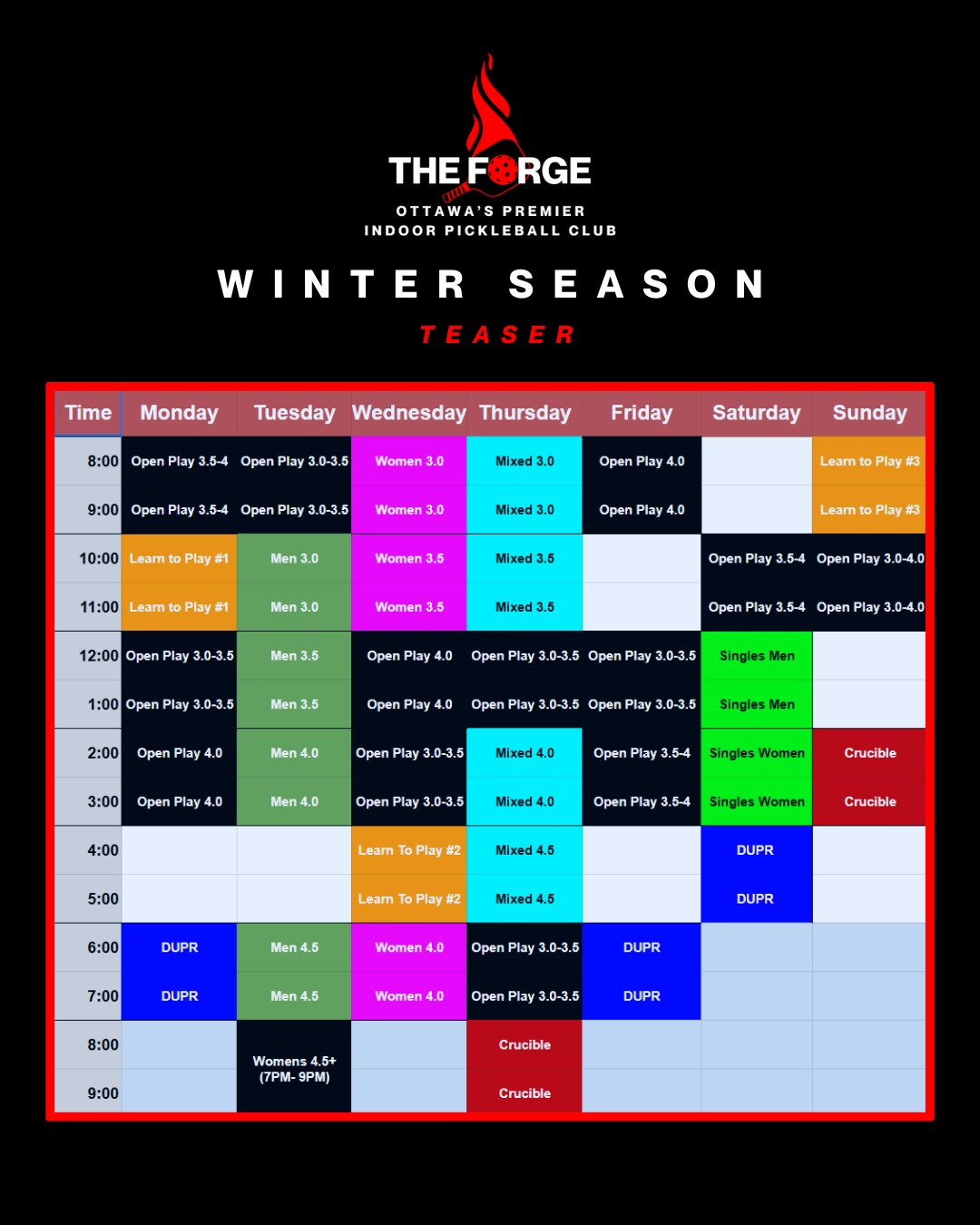 🔥 WINTER LEAGUES ARE HERE! 🔥
8-week programs • New divisions • More competitive action • More court time than ever.
Pricing:
Forge Lite — $192
Hybrid — $96
Ultimate — Included
Programs Include:
🎯 Fixed Partner Doubles
🎯 DUPR Ladder (Weekly Signups)
🎯 Singles League
🎯 Learn to Play (4-week fundamentals)
🎯 Open Play Sessions (Weekly Signups)
🚀 NEW: Open Play schedule may expand with additional evening sessions — stay tuned!
🔥 REMINDER: Signing up doesn’t automatically guarantee placement. Demand, timing, and division balance all play a role.
💥 2026 Is Going to Be Massive. Let’s Go Forge.
#TheForgePickleball #PickleballOttawa #PickleballLife #ForgeLeagues