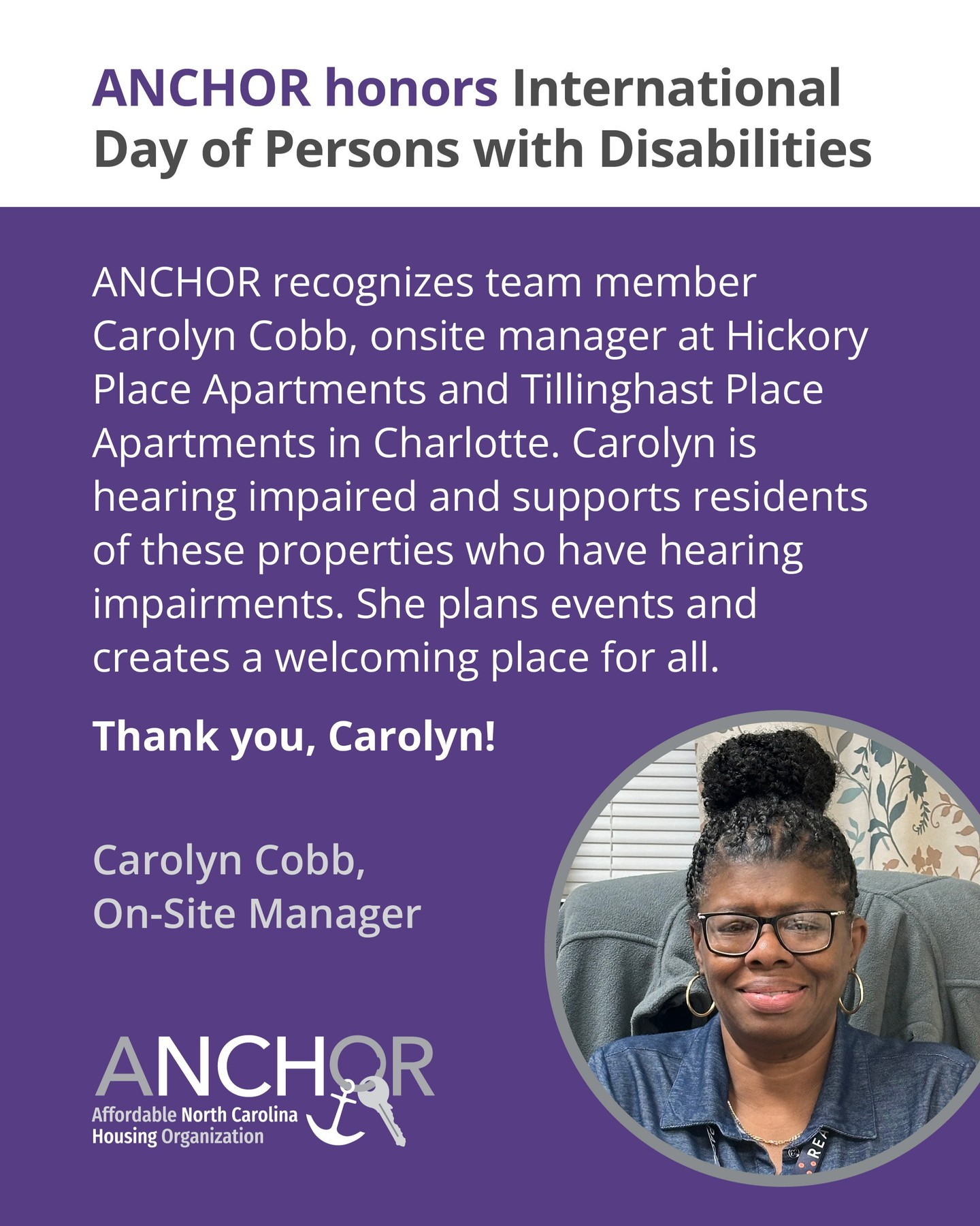 Today, on International Day of Persons with Disabilities, we honor and thank Carolyn Cobb. As onsite manager at Hickory Place & Tillinghast Place Apartments in Charlotte, N.C., Carolyn—who is hearing impaired—supports residents with hearing impairments, plans community events, and creates a welcoming home for all. Outside work, she enjoys couponing and cruising. #IDPD2025 #disabilityday #inclusión #accessibility #disabilityawareness