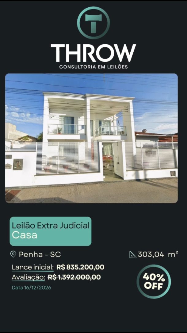 Uma casa ampla em Penha, com mais de 300 m² de área privativa, está aberta para lances no leilão da Caixa.
O imóvel vale R$1.392.000,00, e o próximo leilão pode permitir arremate a partir de R$835.200,00.
Para quem investe no litoral catarinense, é uma oportunidade real de comprar bem e com potencial de valorização.
A Throw Leilões acompanha você em cada etapa, da análise ao lance final, para que o investimento seja seguro e estratégico.
🔗Fale conosco pelo direct ou clique no link da bio e veja como arrematar imóveis em leilão com segurança, rentabilidade e o suporte completo da Throw Leilões.
#ImóvelEmLeilão #InvestimentoImobiliário #PenhaSC #LeilãoDeImóveis #CaixaEconômica ThrowLeilões OportunidadeImobiliária CasaEmLeilão