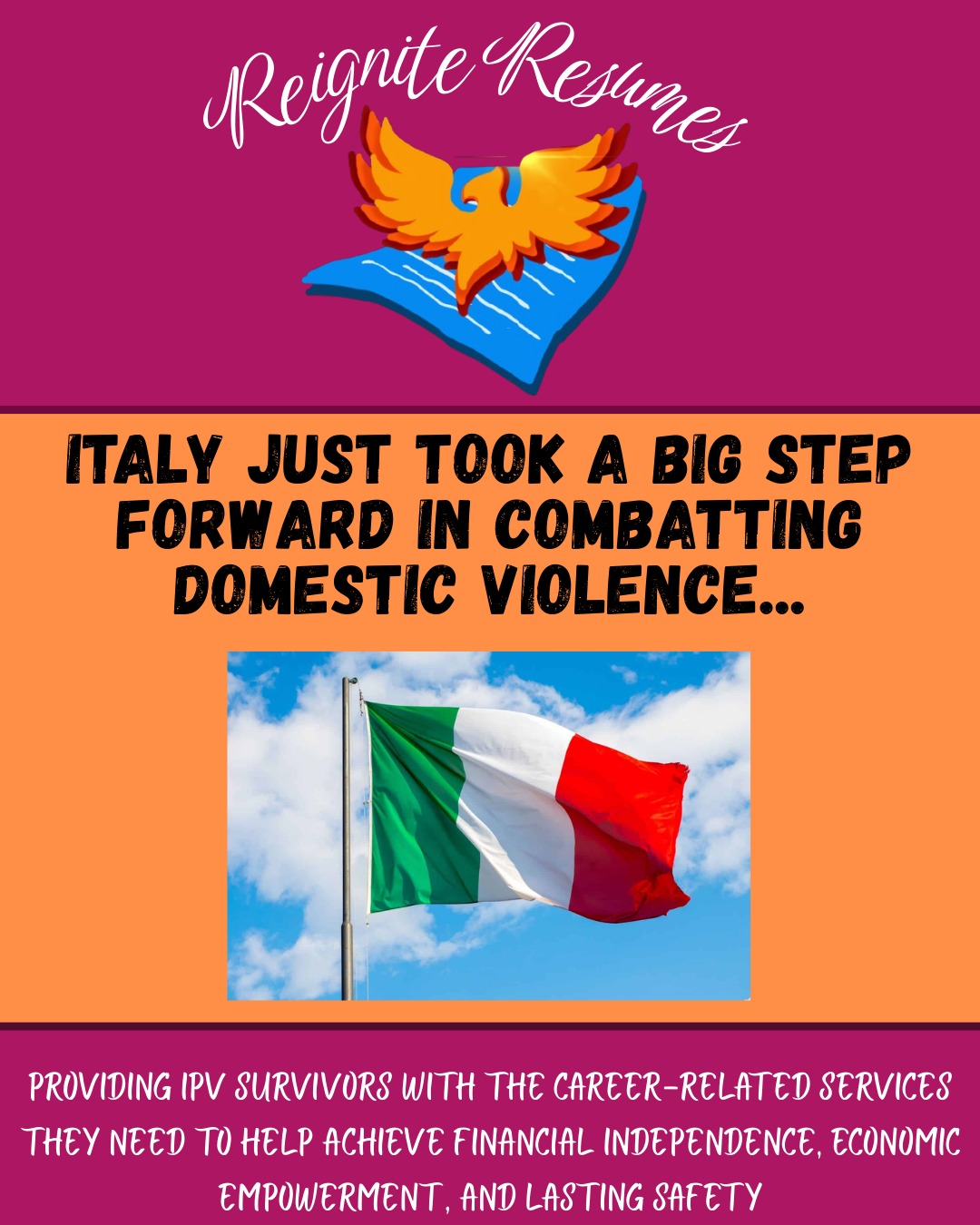 Did you know that Italy just passed a law making femicide punishable with life in prison?
Check out our latest post to learn about this law and the grass-roots movement dedicated to combatting domestic violence in Italy.
#reigniteresumes #npo #nonprofit #youthled #femaleled #resume #resumes #recruitment #domesticviolence #ipv #youthleaders #youthleadership #domesticviolenceawareness #italy #GiuliaCecchettin #italydomesticviolenceawareness