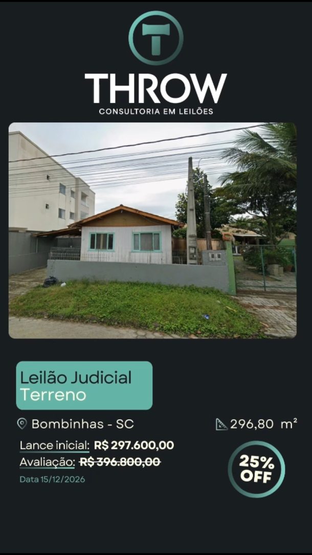 Terreno em Bombinhas disponível para arremate.
É o lote 63 do Jardim Ana Paula, com 296,80 m², localizado em Bombas, uma das regiões mais buscadas do litoral catarinense.
Avaliado em 396.800, com chance de arremate no segundo leilão por R$297.600,00.
O imóvel ainda conta com construções não regularizadas, o que pode abrir margem para um investimento estratégico para quem já atua no setor ou quer entrar com orientação especializada.
A Throw Leilões acompanha todo o processo e ajuda você a avaliar riscos, potencial e caminhos de regularização.
🔗Fale conosco pelo direct ou clique no link da bio e veja como arrematar imóveis em leilão com segurança, rentabilidade e o suporte completo da Throw Leilões.
#ImóvelEmLeilão #InvestimentoImobiliário #BombinhasSC #ThrowLeilões #LeilãoJudicial OportunidadeImobiliária BombasSC TerrenoEmLeilão