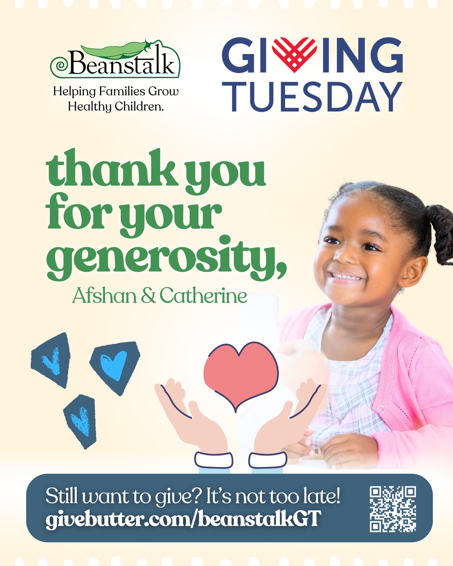 Thank you Afshan and Catherine for your lovely generosity! 💙 We greatly appreciate your contributions! 🫶
It's not too late to give! If you're just joining us today, head to givebutter.com/BeanstalkGT to support Beanstalk's early care & education programs in the Greater Sacramento Area or share the link with family/friends! Any amount of support helps greatly!
#Beanstalk #GivingTuesday #GivingTuesday2025 #HelpingFamiliesGrowHealthyChildren #Donate #supportearlychildhoodeducation #supportnonprofits #nonprofit #nonprofiteducation #give #givebutter #freepreschool #preschool #freechildcare #childcare #sacramentononprofit #lovesacramento #sacramento #sactown #givingtuesdaysacramento #generosity #donationsforchildren #donatenow #supportlocal #nonprofitorganization #dogood