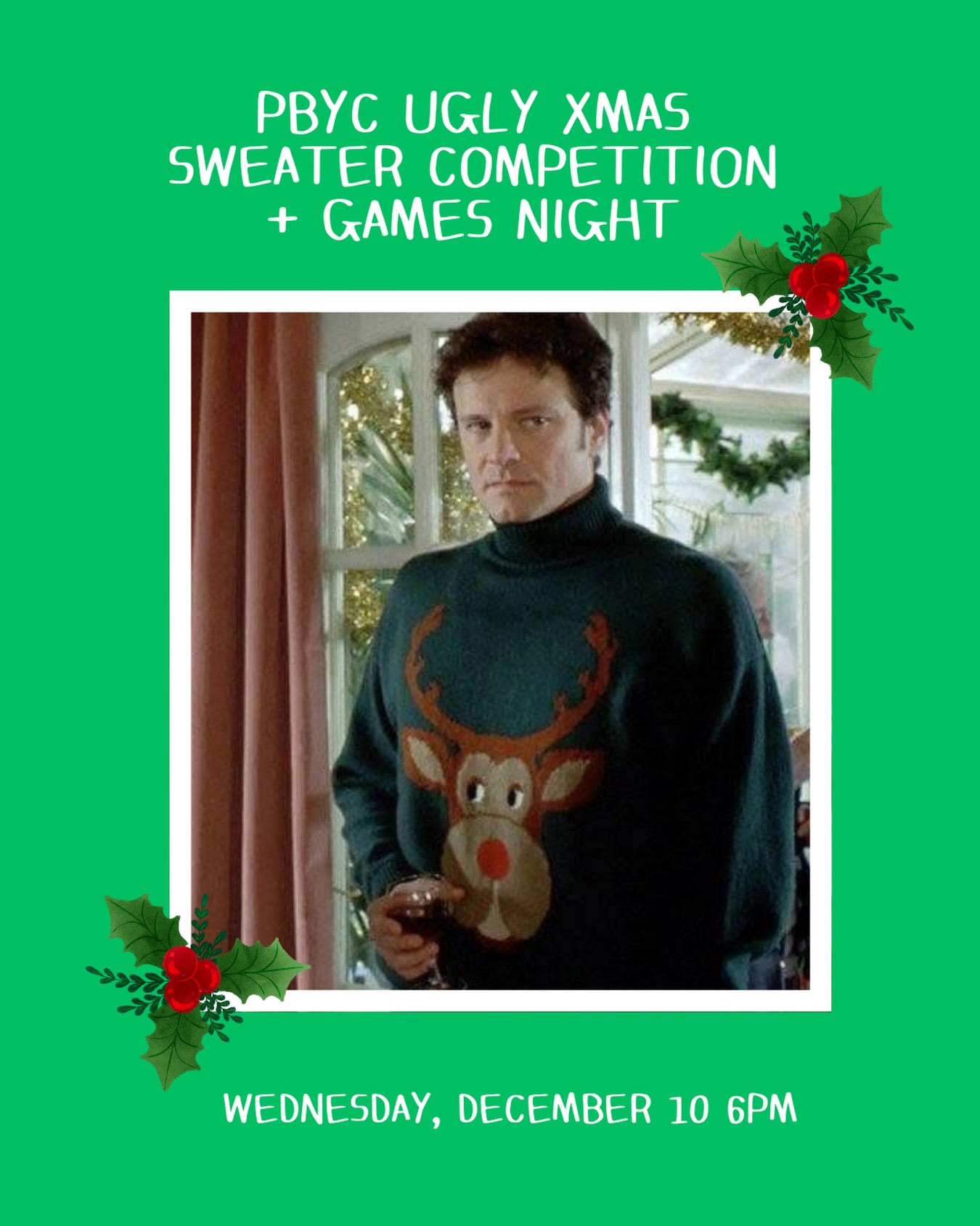 Silly christmas games. Ugly christmas sweater competition. Name that cover song. Friendly foosball games. Open 5pm Wednesday.