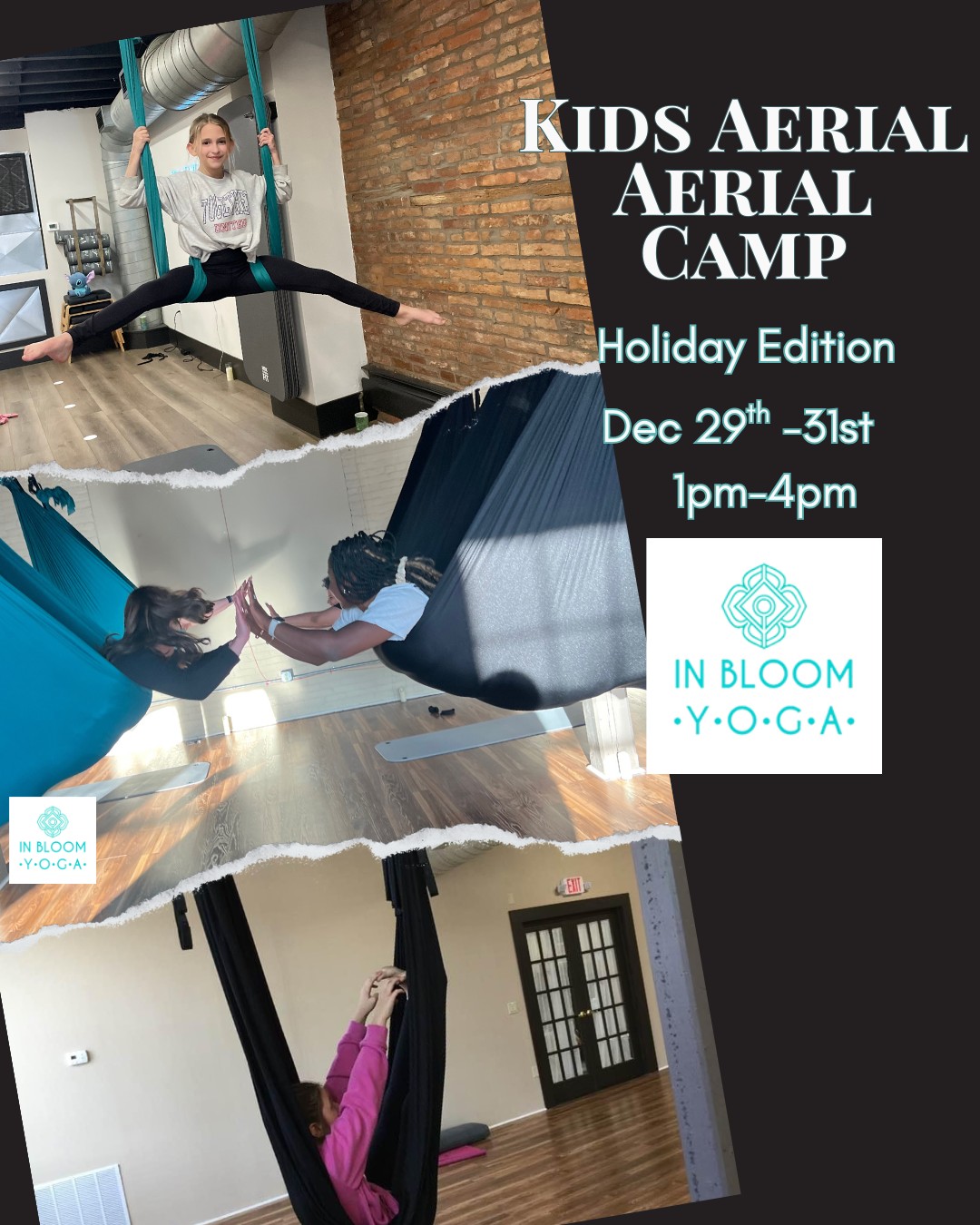 Holiday Break Kids Aerial Sessions
Monday, Tuesday, or Wednesday — December 29, 30, or 31
A perfect mid-winter activity to get kids moving, laughing, and trying something new during break!
✨ Holiday Break Includes:
• Beginner-friendly aerial silks & hammocks
• Creative crafts
• Mindful movement + partner yoga
• Fun, safe, high-flying play
? Pricing: $50 per child per session
? Choose any or all of the dates: Dec 29, 30, or 31