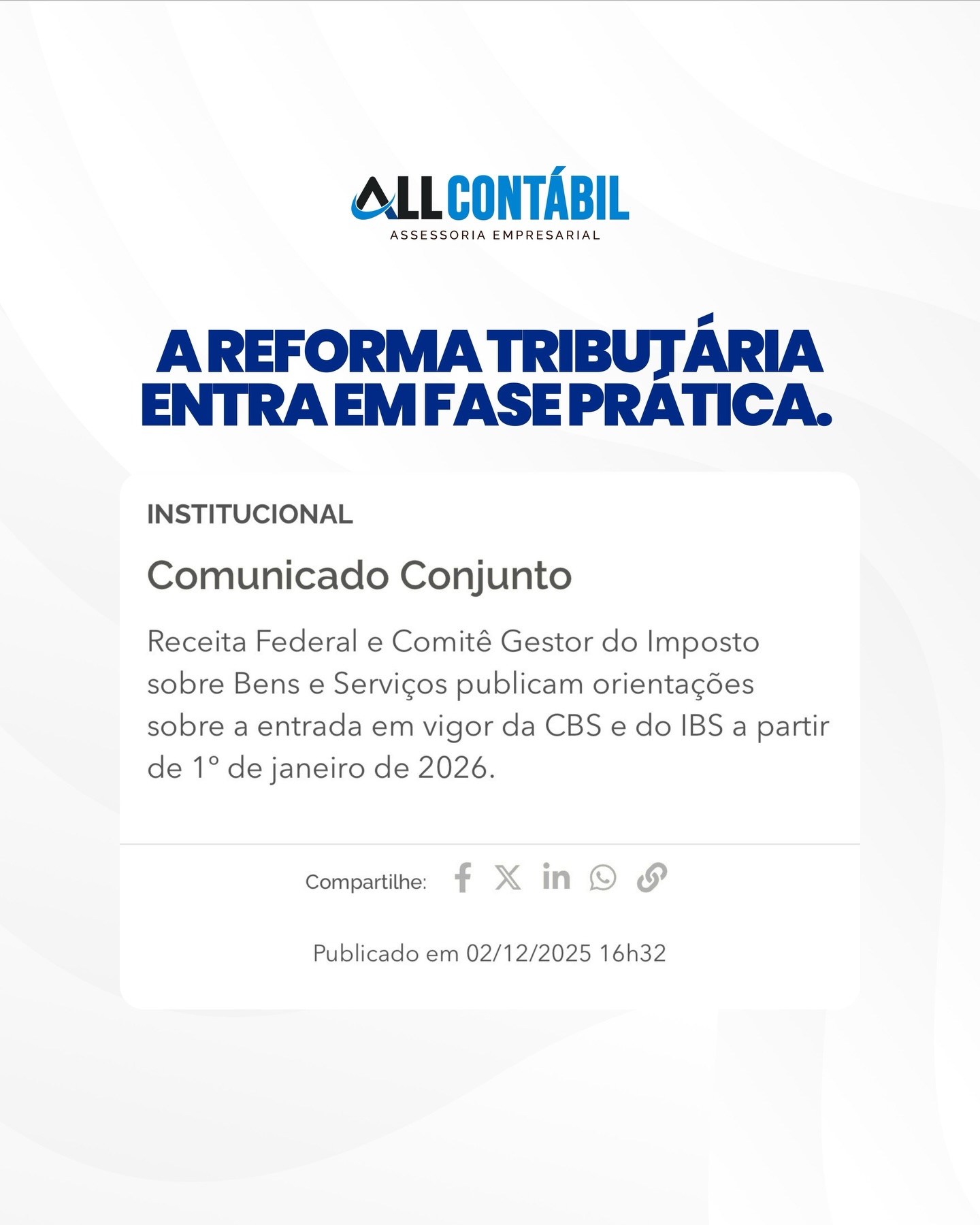 ? Atenção, empresas!
A Receita Federal e o Comitê Gestor do IBS divulgaram as novas orientações sobre a entrada em vigor da CBS e do IBS, que começam a valer em 1º de janeiro de 2026.
? O que muda?
• Emissão de notas fiscais já com destaque de CBS e IBS.
• Novas declarações e documentos obrigatórios.
• Pessoas físicas contribuintes deverão se inscrever no CNPJ (sem virar PJ).
• 2026 será um ano de testes — quem cumprir as obrigações acessórias estará dispensado do recolhimento dos tributos.
A All Contábil acompanha cada atualização da Reforma Tributária para garantir segurança, conformidade e orientação estratégica para o seu negócio.
Fique por dentro. Evite riscos. Conte com a gente.