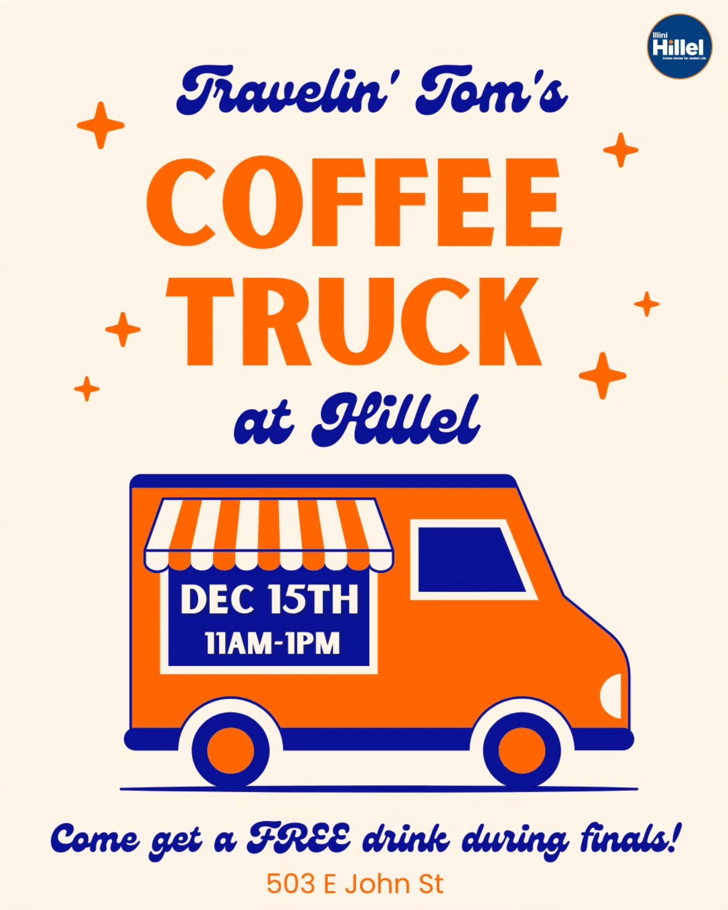 Join us tomorrow for a break from finals for FREE coffee!! 11am-1pm grab a free drink from the Travelin' Tom's Coffee Truck in our parking lot☕️