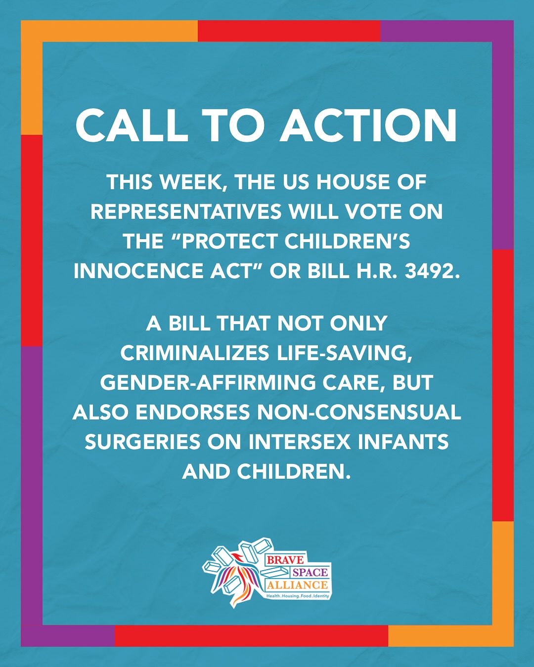 This week, the US House of Representatives will vote on the “Protect Children’s Innocence Act” or bill H.R. 3492. A bill that not only criminalizes life-saving, gender-affirming care, but also endorses non-consensual surgeries on intersex infants and children 🏳️⚧️
Gender-affirming care is evidence-based and life-saving.
CONTACT YOUR REPRESENTATIVES AND TELL THEM TO VOTE NO ON BILL H.R. 3492 AND STAND UP FOR TRANS LIVES. Check the link in our bio for resources or visit bit.ly/4aODYv1 🔗
#transrights #affirmingcare #genderaffirmingcare #protecttranskids