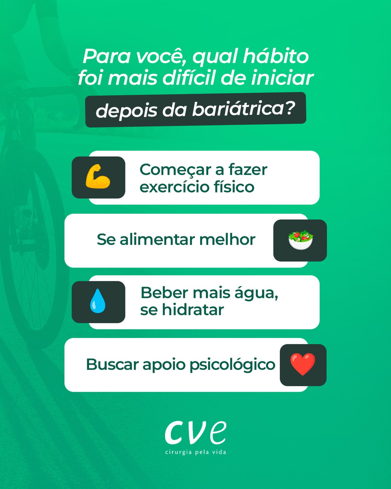Após a cirurgia bariátrica, é fundamental que o paciente adote novos hábitos para promover uma recuperação saudável e manter os resultados a longo prazo.
Responda com emoji nos comentários qual hábito acima foi ou é o mais difícil para você.