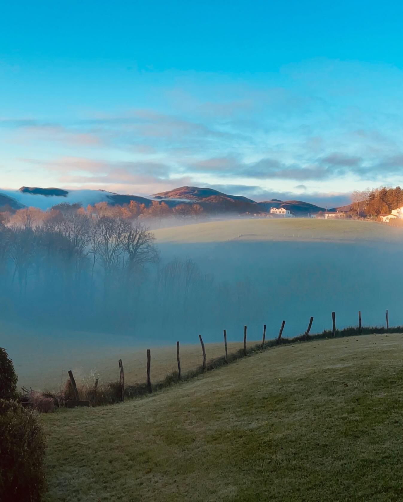 Lumière du matin sur les collines, caresse silencieuse sur l’herbe et les toits.
Ici, le jour commence doucement, invitant à la contemplation.
Parfois, c’est ce paysage paisible qui inspire ma palette : chaque nuance de vert, chaque ombre, devient mémoire sur la toile.
Regarder, c’est déjà peindre.
Hizelaya