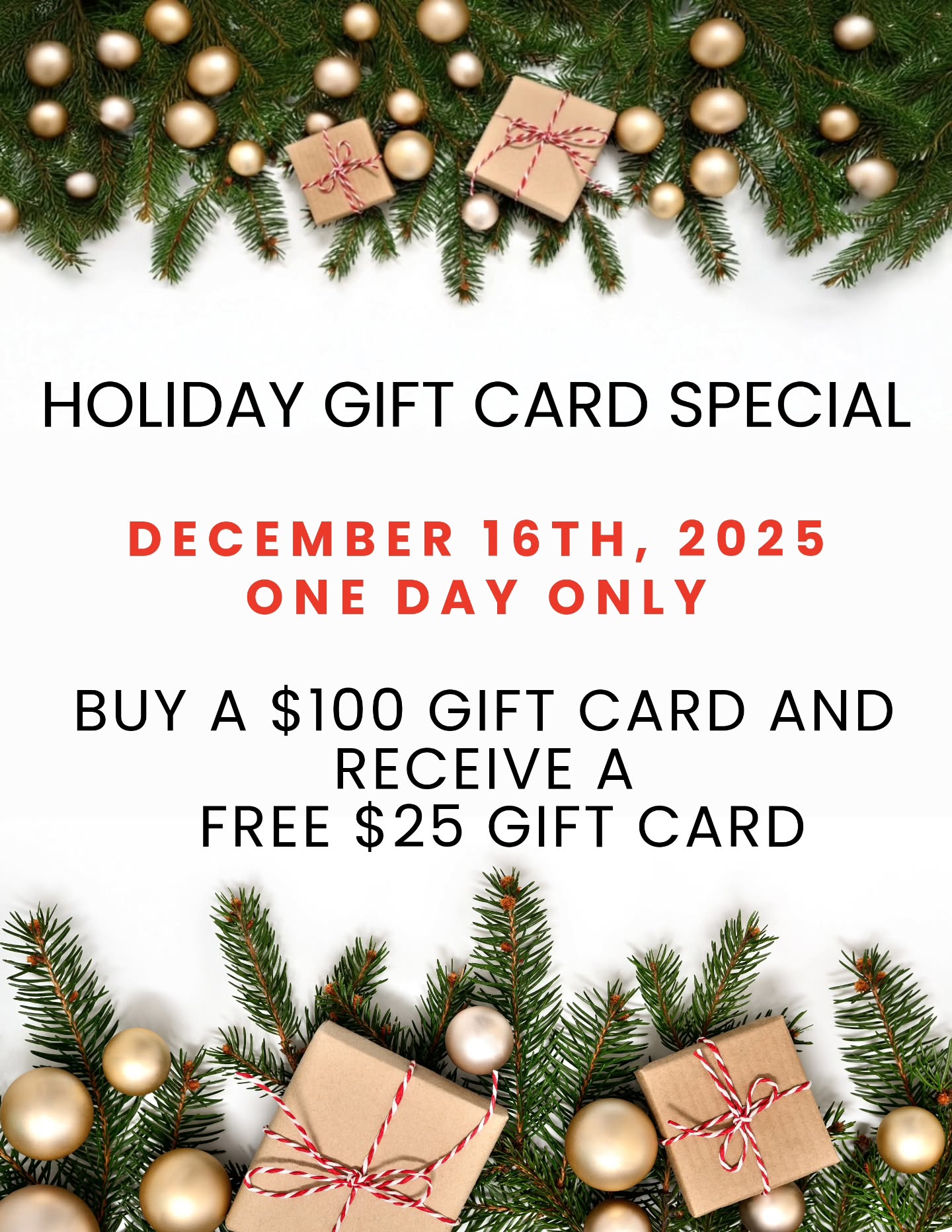 Buy a $100 Gift Card and receive a FREE $25 Gift Card - Online Only!
The free card is good for services only and may not be used until January 2026.
You may purchase multiple.
#giftcard#holidayseason #christmastime #cardspecial #salongiftcard