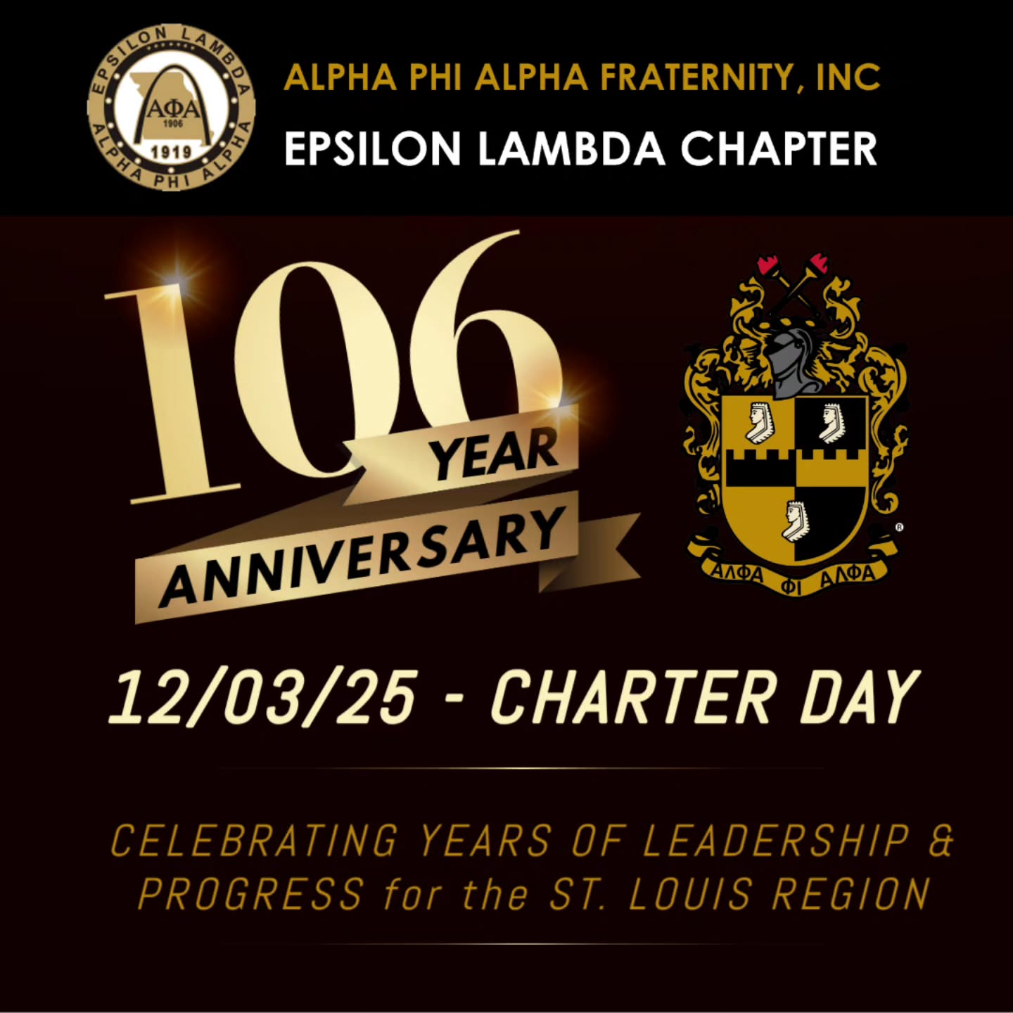 Happy Charter Day to the Brothers of Epsilon Lambda!! On this day 106 years ago, 11 Forward Thinking Men had the vision and courage to charter the 5th Oldest and Coldest Alumni Chapter in our Dear Fraternity!!
Enjoy this day as the kickoff to our Fraternity Founders' Week!
#Stlalphas #EpicΕΛ #Epsilonlambda1919 #alphaphialpha