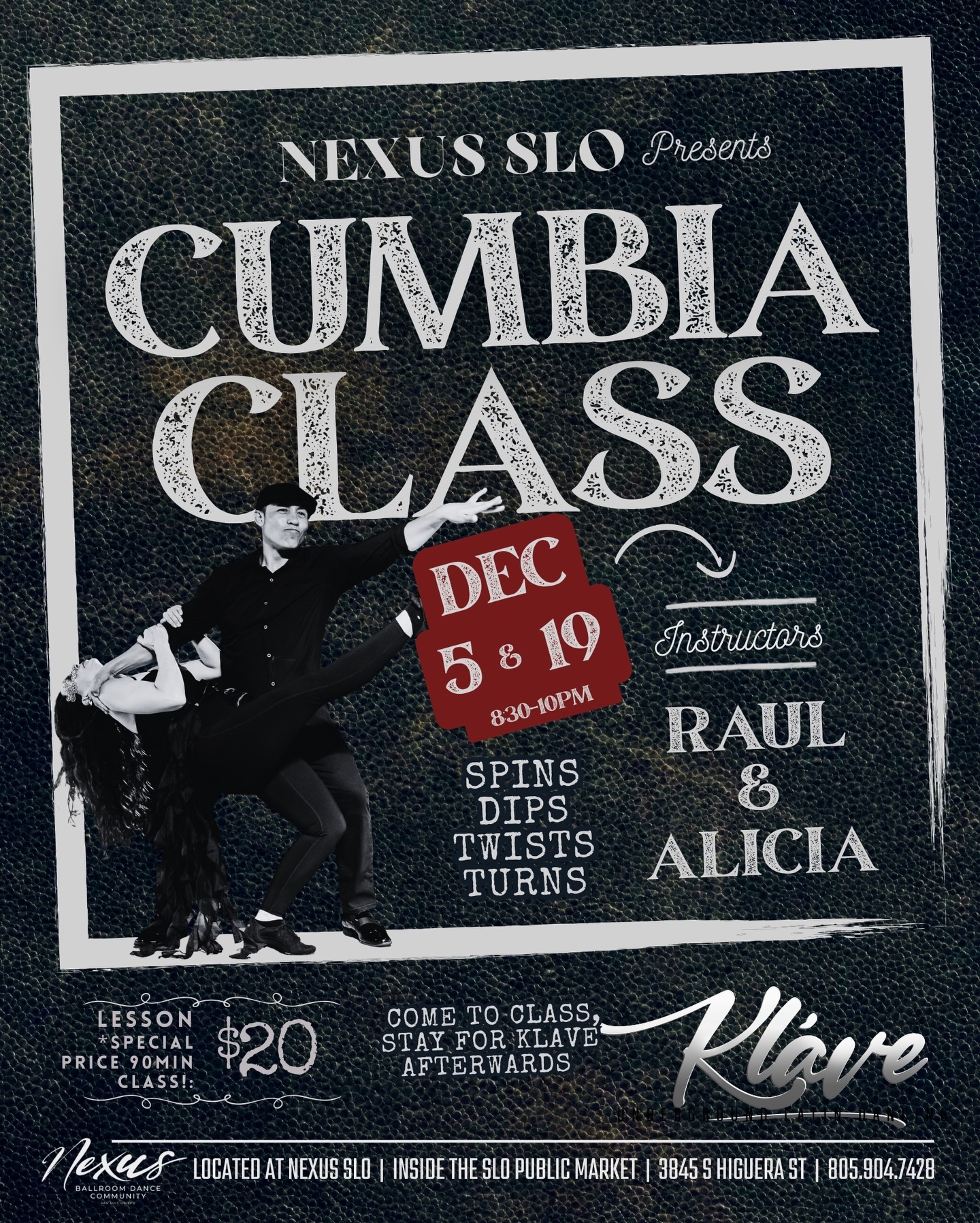 Join us this Friday for CUMBIA
We are adding another Latin dance to Nexus with your favorite dance instructors Raul and Alicia
We know you guys will love this class so that is why we are giving you not just 1 but 2 workshops, so don’t miss out and book your tickets on our website ASAP
Note: with purchase of ticket you’ll also get free entry to our Latin social KLAVE
#cumbia #dance #latindance #dancewithus #nexus #nexusslo #dancewnexus