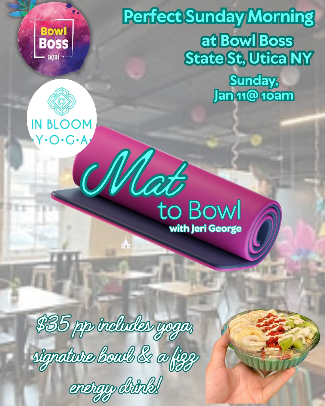 Start your Sunday with intention and nourishment!
Join us Sunday, January 11th at 10am for a special Mat to Bowl experience with Jeri George at Boss Bowl.
What’s Included:
✨ Rejuvenating yoga session with Jeri
? Signature acai bowl
⚡ Fizz energy drink
Investment: $35
Kick off 2026 with the perfect blend of movement, mindfulness, and delicious fuel for your body. Roll out your mat, flow with intention, then refuel with vibrant, nourishing goodness.
Space is limited! Reserve your spot now and make Sunday morning your favorite self-care ritual.
? Boss Bowl
?️ Sunday, January 11, 2026
⏰ 10:00 AM
Bring your mat and your appetite for wellness!