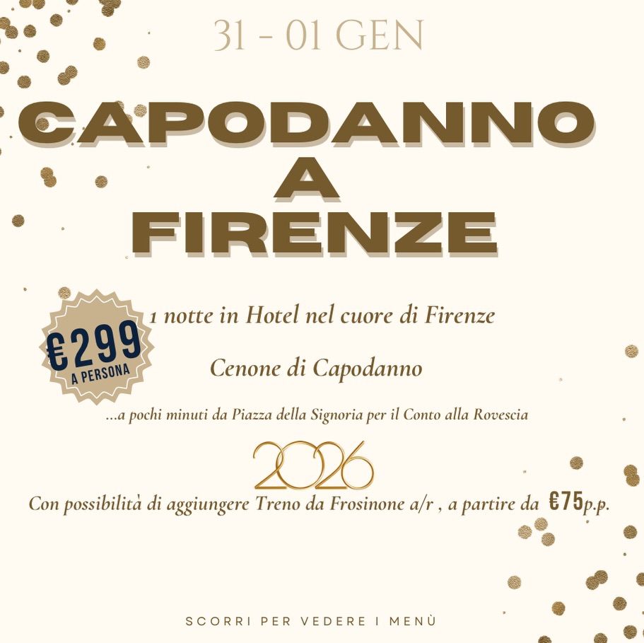 LAST MINUTE CAPODANNO A FIRENZE?✨?
Chiudiamo il 2025 nel cuore della città più romantica d’Italia!
Un pacchetto esclusivo che include:
1 notte in hotel nel centro di Firenze
Cenone di Capodanno in Ristorante a pochi minuti dall’Hotel(menù di Carne incluso – possibilità di upgrade al menù di Mare)
? Prosecco di benvenuto, acqua, caffè e coperto inclusi
? A pochi passi da Piazza della Signoria per vivere il countdown più magico di sempre!
? Tutte le quotazioni sono soggette a riconferma di disponibilità.
LE NOSTRE SEDI:
?Via Monti Lepini km 5.500,Frosinone
?Via Prenestina 2, Fiuggi
Info@laudantravel.com