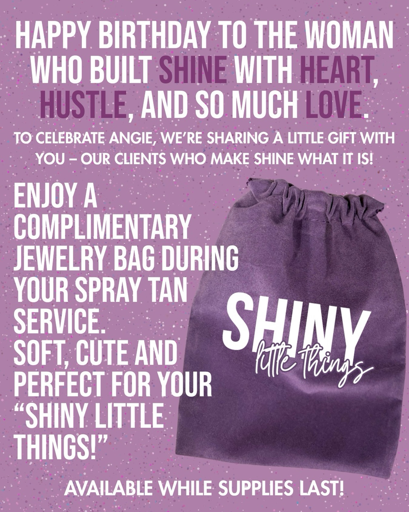 Today we’re celebrating Angie and everything she brings to Shine 💜
What started as a vision has grown into a place where confidence is built, relationships are formed, and people truly feel cared for. Angie’s passion, leadership, and heart are the foundation of Shine, and we’re so grateful for the space she’s created for both clients and our team!
To celebrate her birthday, we wanted to give a little something back to the community that supports Shine every day. Clients receiving a spray tan will receive a complimentary jewelry bag during their service, available while supplies last ✨
#shinespraytanning #omahaesthetics #shineon #shinylittlethings