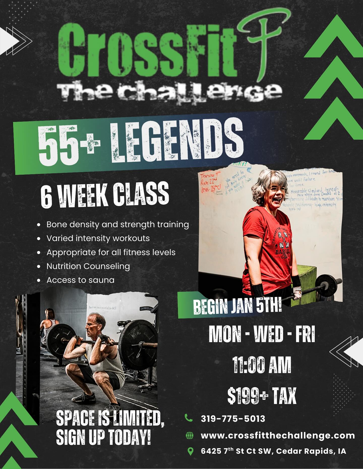 💪 Introducing our Legends Class (55+) 💪
Strong doesn’t have an age limit. Our new Legends 6-Week Class is designed specifically for adults 55 and older who want to move well, feel strong, and stay independent for years to come.
Why strength training as you age matters:
• Builds and maintains muscle & bone density
• Improves balance, mobility, and flexibility
• Supports joint health and posture
• Boosts energy, confidence, and overall quality of life
• Helps you keep doing the things you love
📅 Class Schedule:
Begins Monday, January 5th
Mondays, Wednesdays & Fridays
🕚 11:00 AM
💵 Cost: $199 + tax (6 weeks)
👥 Limited class size so our coaches can give you the attention and support you deserve.
If you’re ready to invest in your health and train in a supportive, encouraging environment, this class is for you. Spots are limited—sign up today!