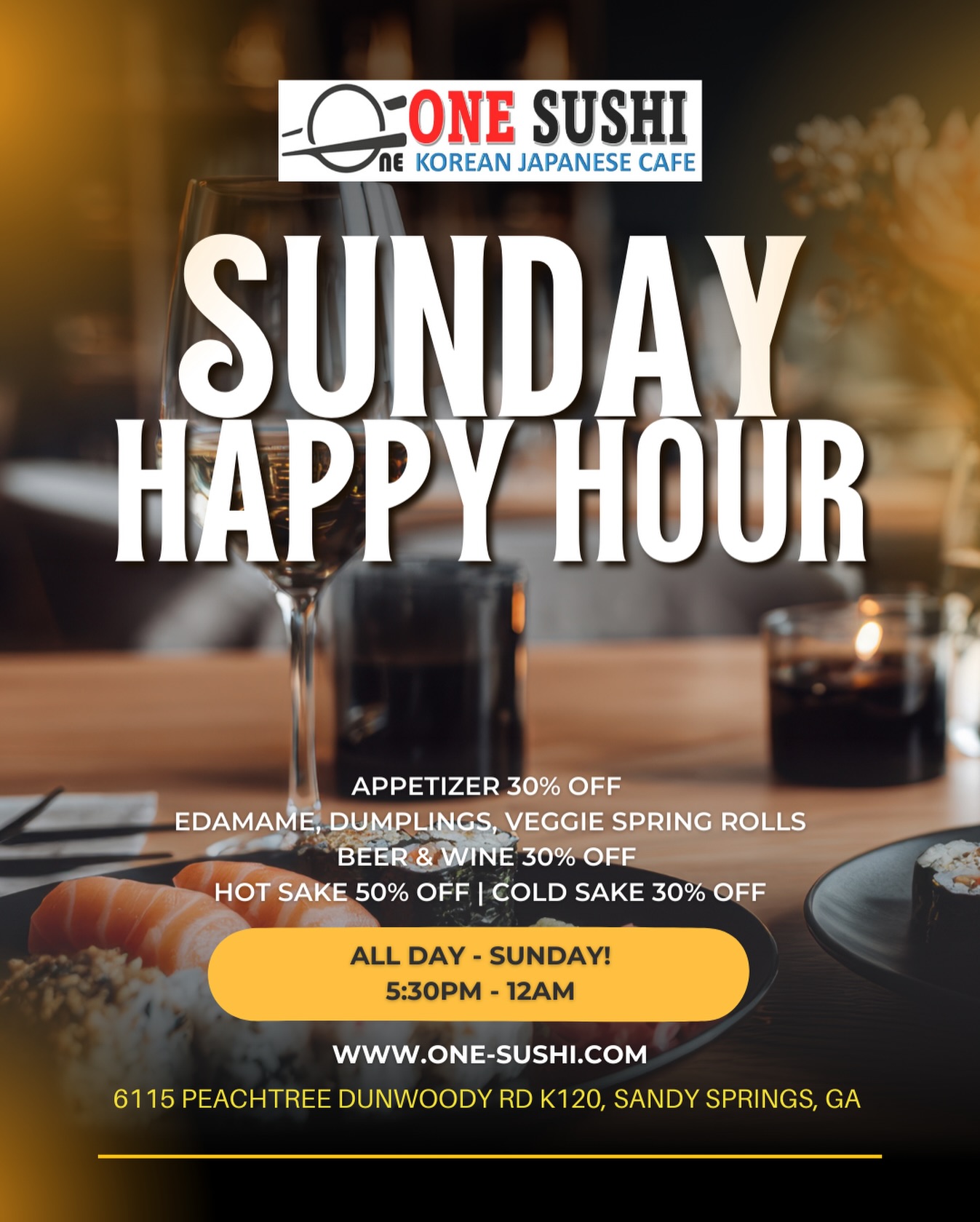 THIS is how Sundays should feel! ?
?? Sunday Happy Hour at One Sushi
Slow down. Sip more. Snack better.
✨ ALL DAY SUNDAY | 5:40PM – 12AM ✨
? 30% OFF Appetizers
Edamame • Dumplings • Veggie Spring Rolls
? 30% OFF Beer & Wine
? 30% OFF Cold Sake
? 50% OFF Hot Sake
Whether it’s a chill dinner, date night, or winding down before the week starts — we’ve got the vibes, the flavors, and the late-night hours ?
? 6115 Peachtree Dunwoody Rd K120, Sandy Springs, GA
? Open till 12AM every day
Tag your Sunday crew ?
#onesushikoreanjapanesecafe #OneSushiATL #SundayHappyHour #SandySpringsEats #atlhappyhour