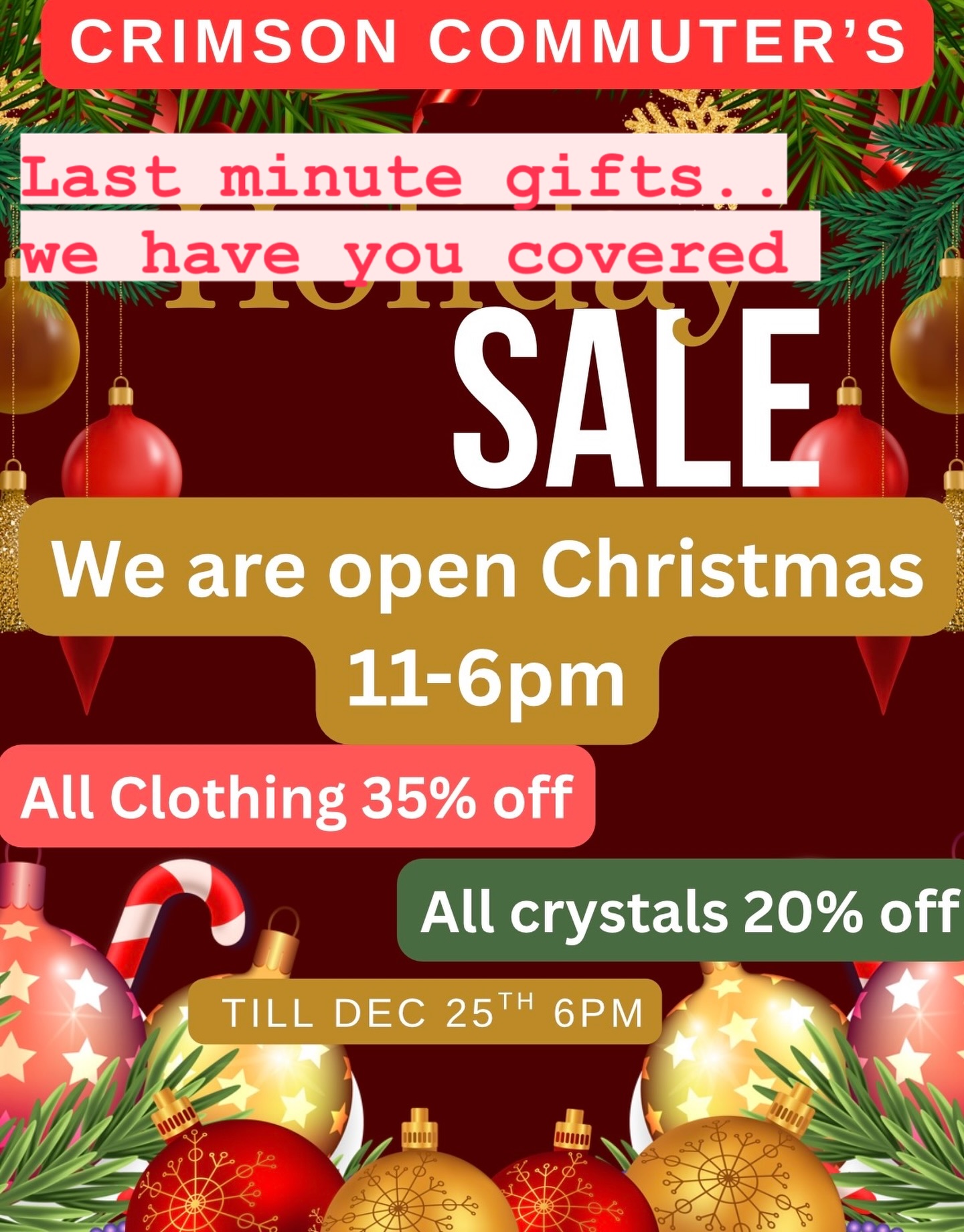 Happy Holidays from Crimson Commuter! Open During the holidays ❤️❄️🎄🎁☃️