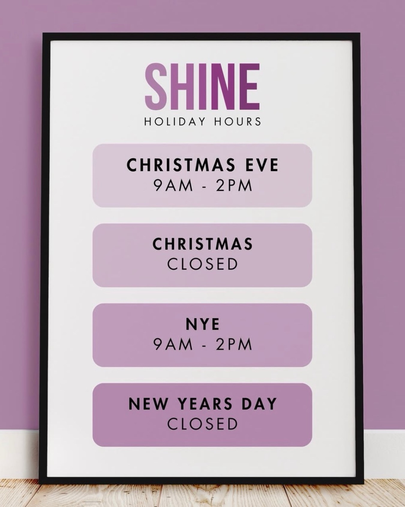 SHINE HOLIDAY HOURS 💜
Please note our adjusted hours as we head into the holidays:
🎄Christmas Eve: 9 AM - 2 PM
🎅Christmas Day: Closed
🥂New Year's Eve: 9 AM - 2 PM
❄️New Year's Day: Closed
Appointments are limited during this time, so we recommend booking in advance through the link in our bio or by calling one of our Shine studios! ✨
#shinespraytanning #omahaspraytans #omahaesthetics #holidayseason #holidaybeauty