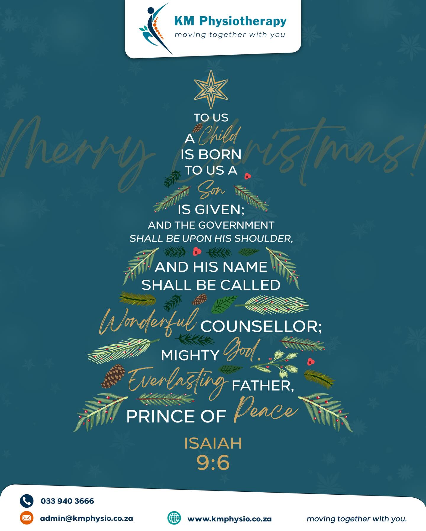 Merry Christmas!🎄✨
Wishing all our patients, doctors, family and friends a safe, peaceful and blessed Christmas. May this season be filled with hope, love and joy. 💙💫
Don’t work through the pain, let Kae-Motion Physio help you! ☺️
📞 033 940 3666
📧 admin@kmphysio.co.za
🌐 www.kmphysio.co.za
“Moving together with you!” 🏃♀️
.
.
.
#kaemotionphysiotherapy #kaemotionphysio #physiotherapy #physiotherapist #physio #sportsinjury #chronicdisease #musculoskeletal #medical #health #sportsmedicine #exerciseismedicine #healthy #pain #hiltonsportsmedicine #hiltonhealthcenter #injuryprevention #hospital #festiveseason #merrychristmas
#movingtogetherwithyou #southafrica #schoolsports #sportsphysio