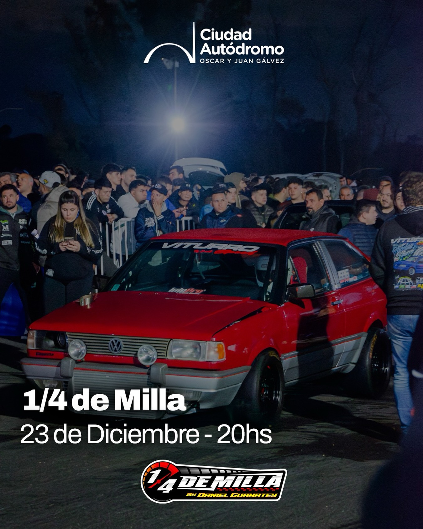 🚦 FECHA DE CUARTO DE MILLA
Este martes 23 de diciembre, a partir de las 20:00 h, te esperamos para vivir una nueva fecha de 1/4 de milla en el Autódromo.
📍 Autódromo de Buenos Aires Oscar y Juan Gálvez
🎫 ENTRADAS
• Entrada general (acceso total): $15.000
• Menores de 12 años: sin cargo
• La entrada se abona por persona
🚧 ESTACIONAMIENTO
• Playón de boxes: $20.000
• Sector general: $15.000, ingreso por Puerta 5
(En caso de disponibilidad, se podrá abonar una diferencia de $5.000 para acceder al playón de boxes).
• El estacionamiento general está a cargo del Autódromo de Buenos Aires.
🦽 Personas con CUD
Ingreso libre al evento. El beneficio no incluye estacionamiento.
🎟️ VENTA DE ENTRADAS
• Se venden únicamente en puerta, durante el horario del evento.
• Se aceptan todos los medios de pago.
• No se realizan ventas anticipadas.