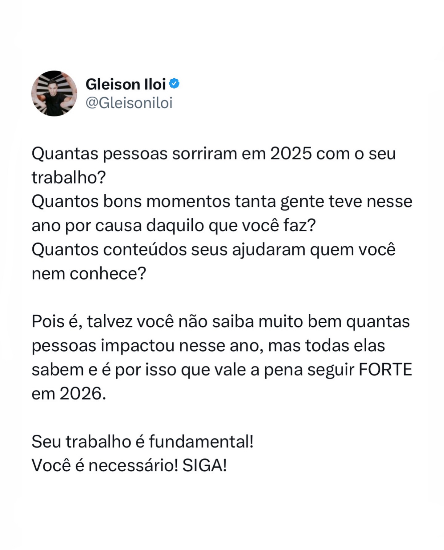 Você é necessário (a)! Anota isso ✍?
Na real, se você ainda não tem total certeza se vale a pena seguir forte, saiba que há muitos motivos que dizem que sim!
Apenas reflita um pouco: quantos clientes você teve esse ano? Quantas pessoas sorriram com o seu trabalho? Quantos bons momentos aconteceram esse ano através do que você faz? Eu não sei ao certo, talvez nem você sabe, mas sem dúvida foram muitos e sem dúvida virão muitos outras.
Se tem algo que me motiva é isso, saber que meu trabalho pode contribuir com a vida de alguém, trazer transformação e resultados e assim, mesmo nos dias mais desafiadores eu sempre decido erguer a cabeça e lembrar que tem gente esperando por mim.
E eu quero que você saiba que tem muita gente esperando por você também, por isso não importa o tamanho do seu desafio, vale a pena buscar energias e seguir firme!
Nesse 2025 estive aqui contigo e claro que em 2026 seguirei pra te apoiar, direcionar, impulsionar ??
Bora seguir muito forte com foco total em quem importa no seu negócio: os seus clientes.
Vamos juntos ?
E se você quer escalar seus resultados em 2026, tanto pessoais como profissionais, bora avançar ??
Te espero no link da bio ????