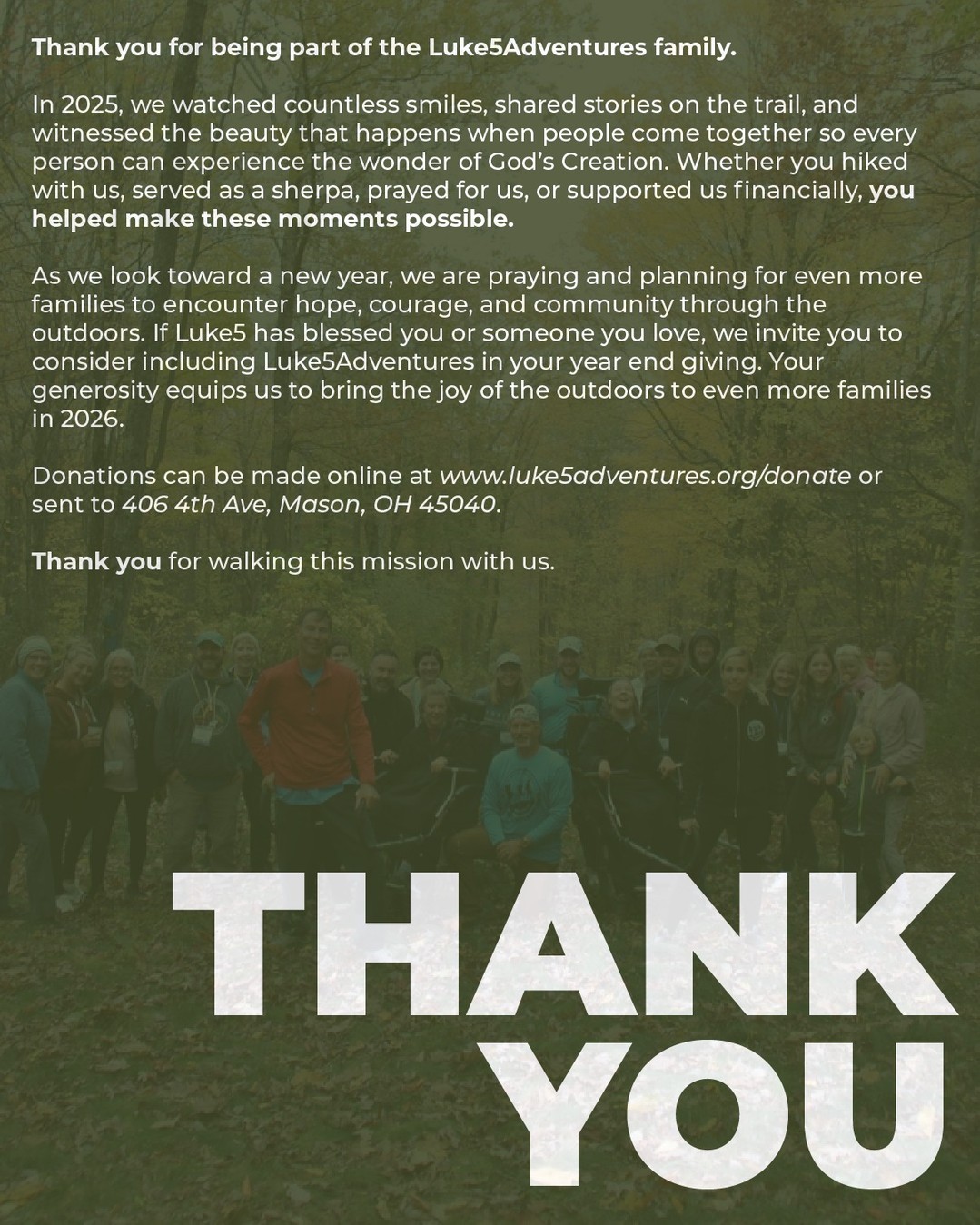 So thankful for another wonderful year of hiking with our Luke5Adventures family 🤍
As we look toward a new year, we invite you to consider including Luke5 in your year-end giving as we continue to make the outdoors accessible for more families.