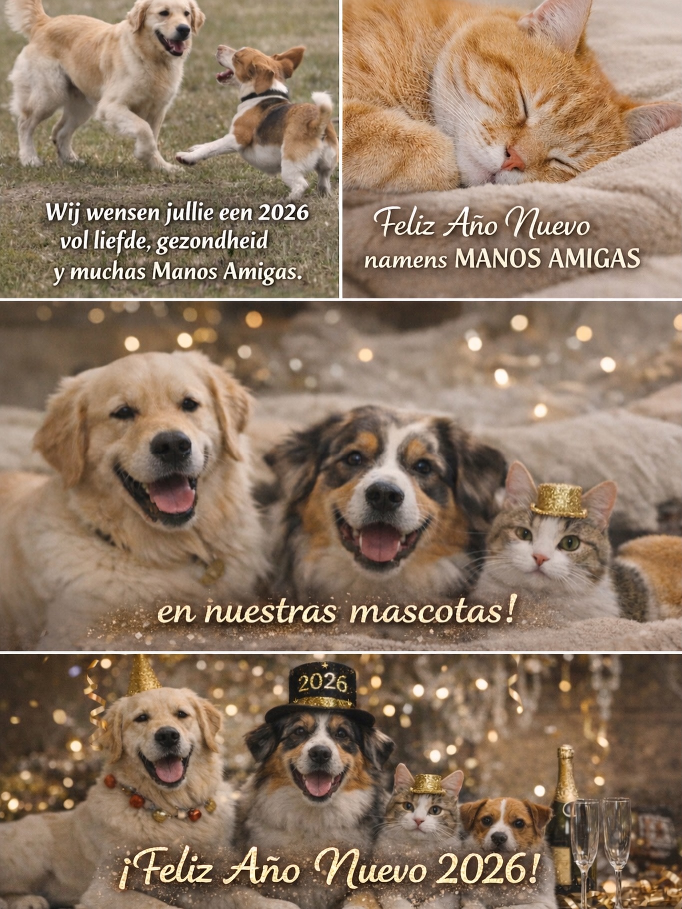 “Wij wensen jullie een jaar vol (dieren)liefde, warmte en heel veel knuffels en vooral:
“Meer staartjes die kwispelen, meer spinnende snorharen, en een jaar vol plezier!
Happy New Year!” 🌟🐾🍾🥂