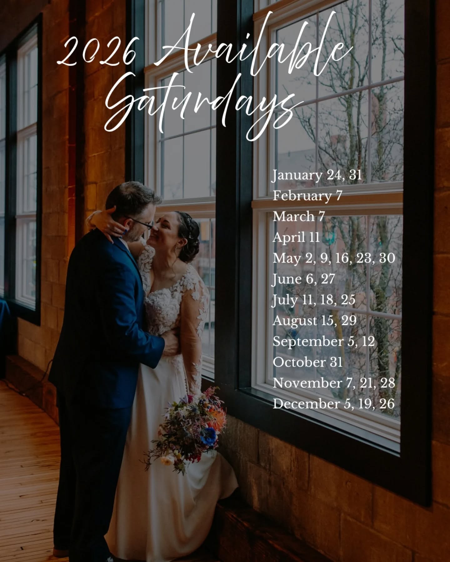 By popular request 🔥🔥🔥
Our 2026 available Saturdays
**Subject to change at any moment since we have 8 tours scheduled for this week**
January 24, 31
February 7
March 7
April 11
May 2, 9, 16, 23, 30
June 6, 27
July 11, 18, 25
August 15, 29
September 5, 12
October 31
November 7, 21, 28
December 5, 19, 26
#2026wedding #uniquewedding #bostonwedding