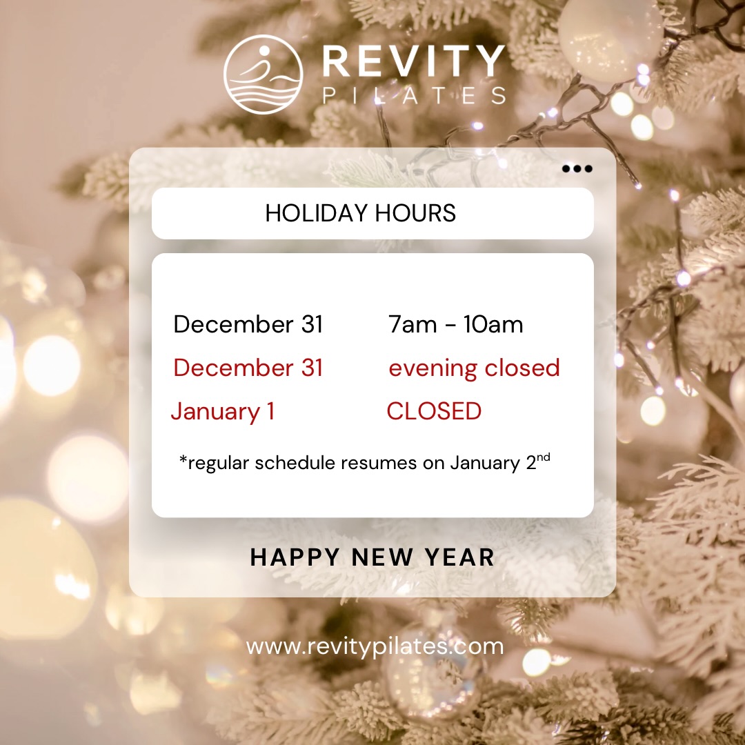 We’ll be taking a short pause on New Year’s Eve and New Year’s Day 🤍
Set yourself up for success. Book your classes in advance and step into the New Year with intention.
Consistency starts with a plan.
Here’s to moving stronger in 2026. #RevityStrong
#revitypilates #burlingtonpilates #burlington