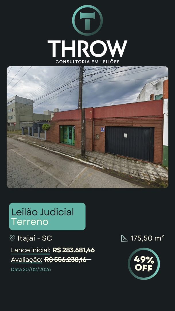 Terreno com edificação em Itajaí, bairro São João, disponível em leilão.
São 175,50 m² de terreno, com casa em alvenaria já construída, em região urbana consolidada.
O imóvel está a uma quadra do porto da cidade e a menos de 100 metros da Prefeitura, um ponto que reforça liquidez e interesse para diferentes perfis de uso.
Avaliado em R$ 556.238,16, com lance mínimo de R$ 283.681,46, quase 50% abaixo da avaliação.
Um perfil de imóvel que permite estratégias como renda, reposicionamento ou uso comercial.
🔗Fale conosco pelo direct ou clique no link da bio e veja como arrematar imóveis em leilão com segurança, rentabilidade e o suporte completo da Throw Leilões.
#ImóvelEmLeilão #InvestimentoImobiliário #ItajaíSC #ThrowLeilões #TerrenoComCasa LeilãoDeImóveis SãoJoão PortoDeItajaí